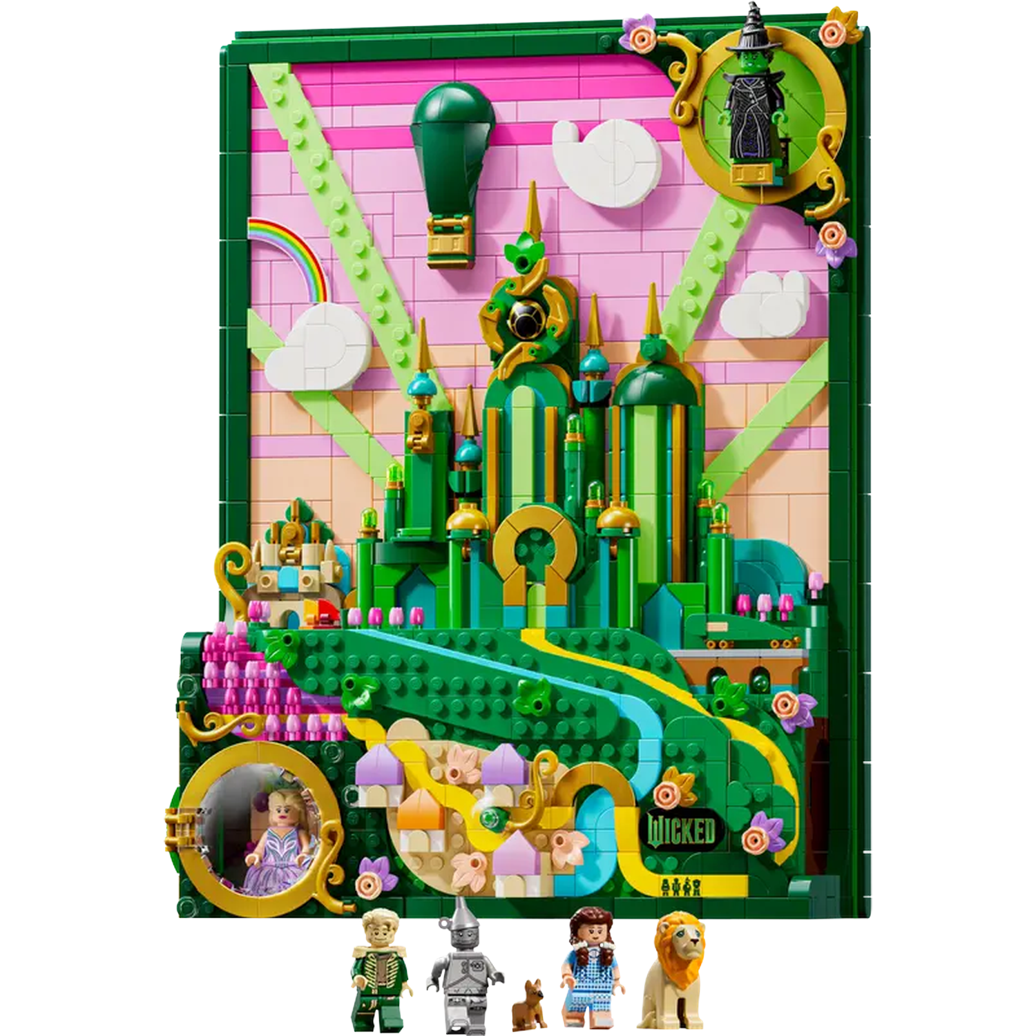Lego set van de Tovenaar van Oz. Het toont de Smaragdstad, personages en een Boze Heks. Kleurrijk met een groene lijst.