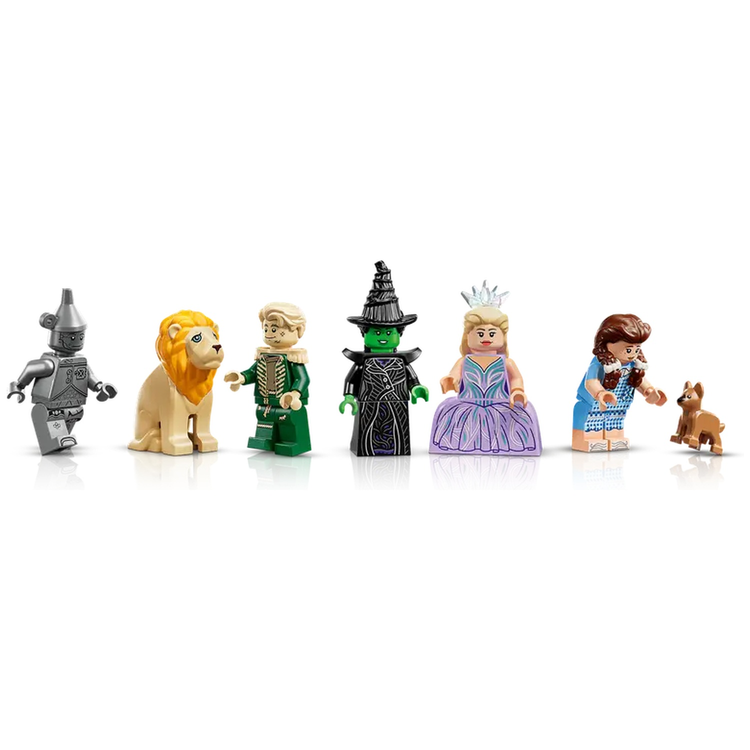Lego-beeldjes uit de Wizard of Oz: Blikken Man, Leeuw, Vogelverschrikker, Boze Heks, Glinda, Dorothy en Toto.