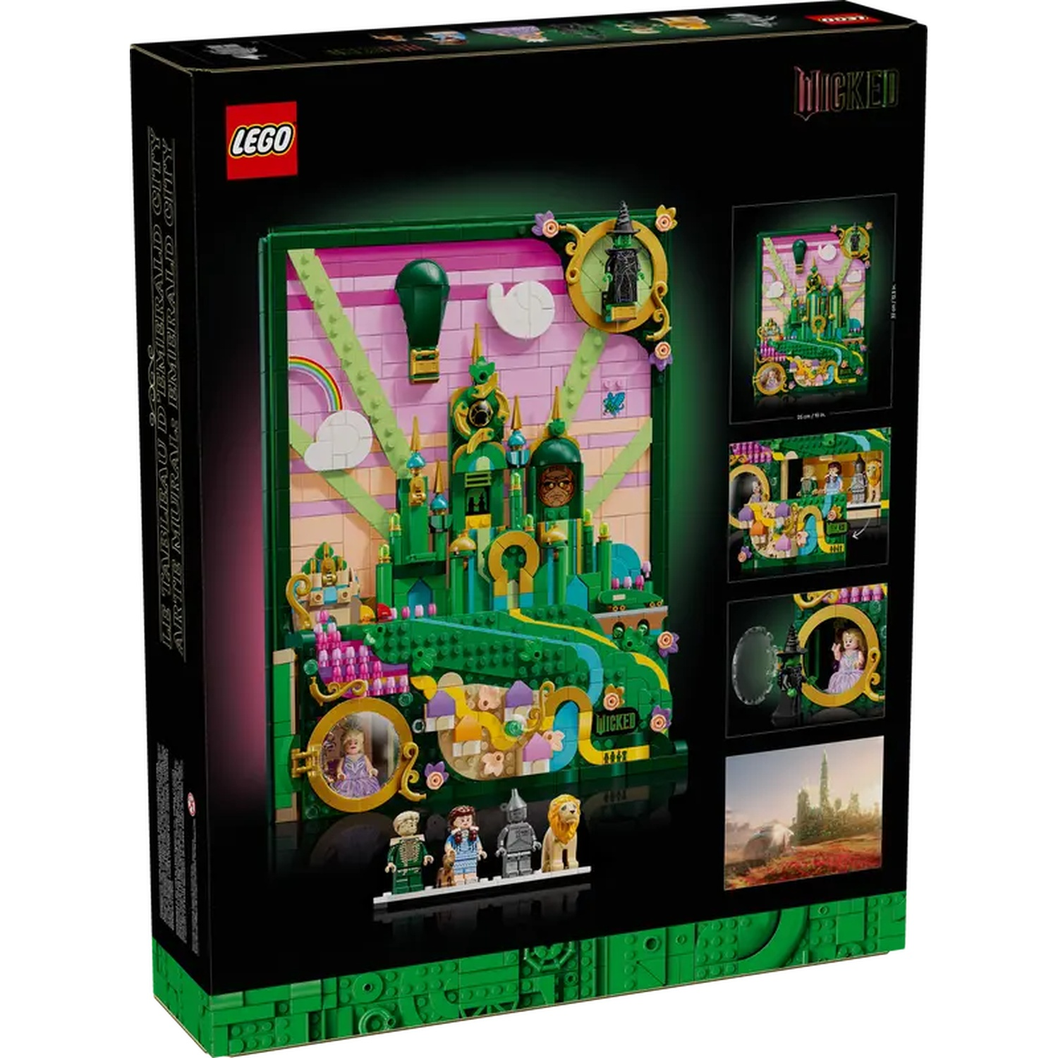 Lego doos met een groene Emerald City scène. Inclusief minifiguren van personages en een foto van de Wicked film.