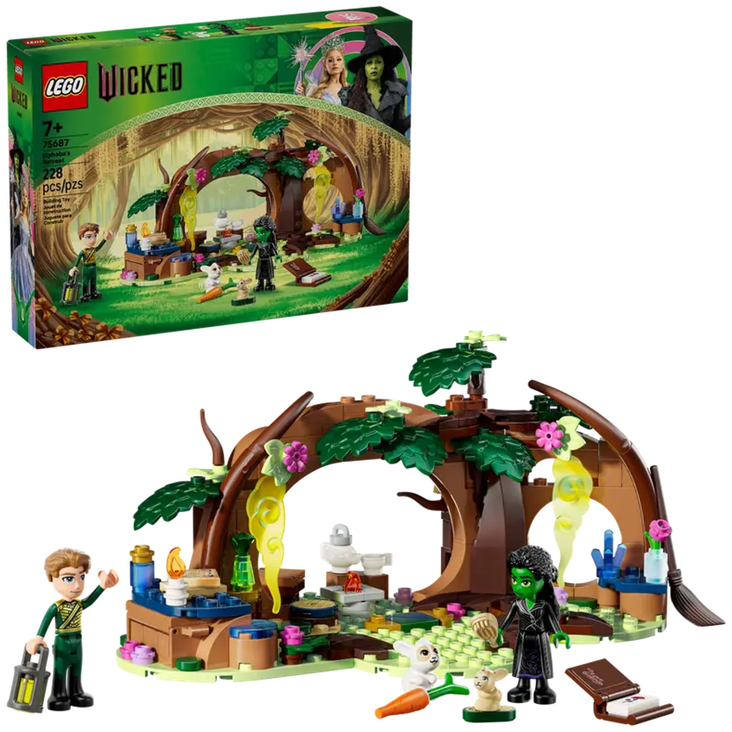 Un set Lego Wicked. Il y a une scène de forêt, une figurine de sorcière verte, un garçon blond, des lapins et un livre. La boîte est dans le coin supérieur gauche.