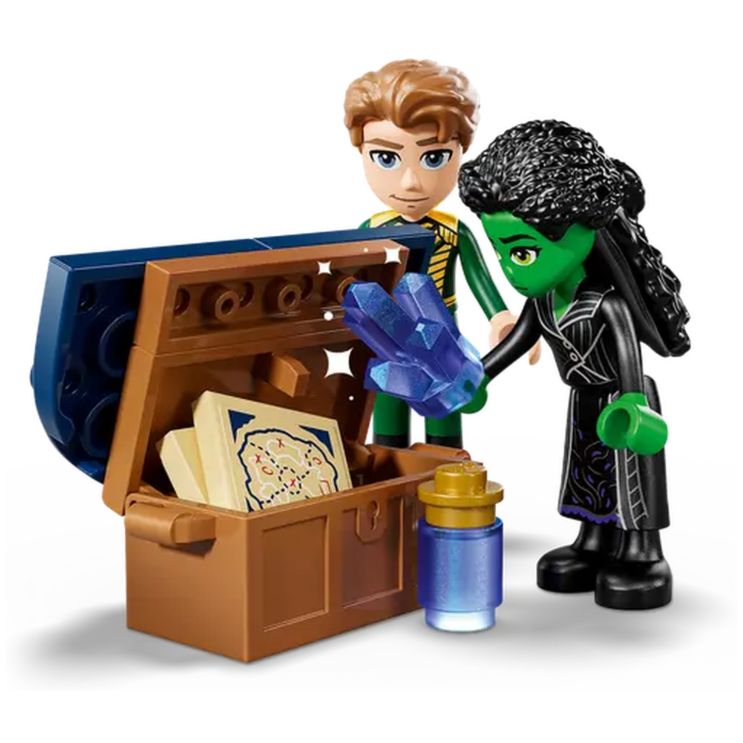 Ensemble Lego avec trois figurines, un coffre au trésor avec une carte, un cristal bleu et une potion bleue.