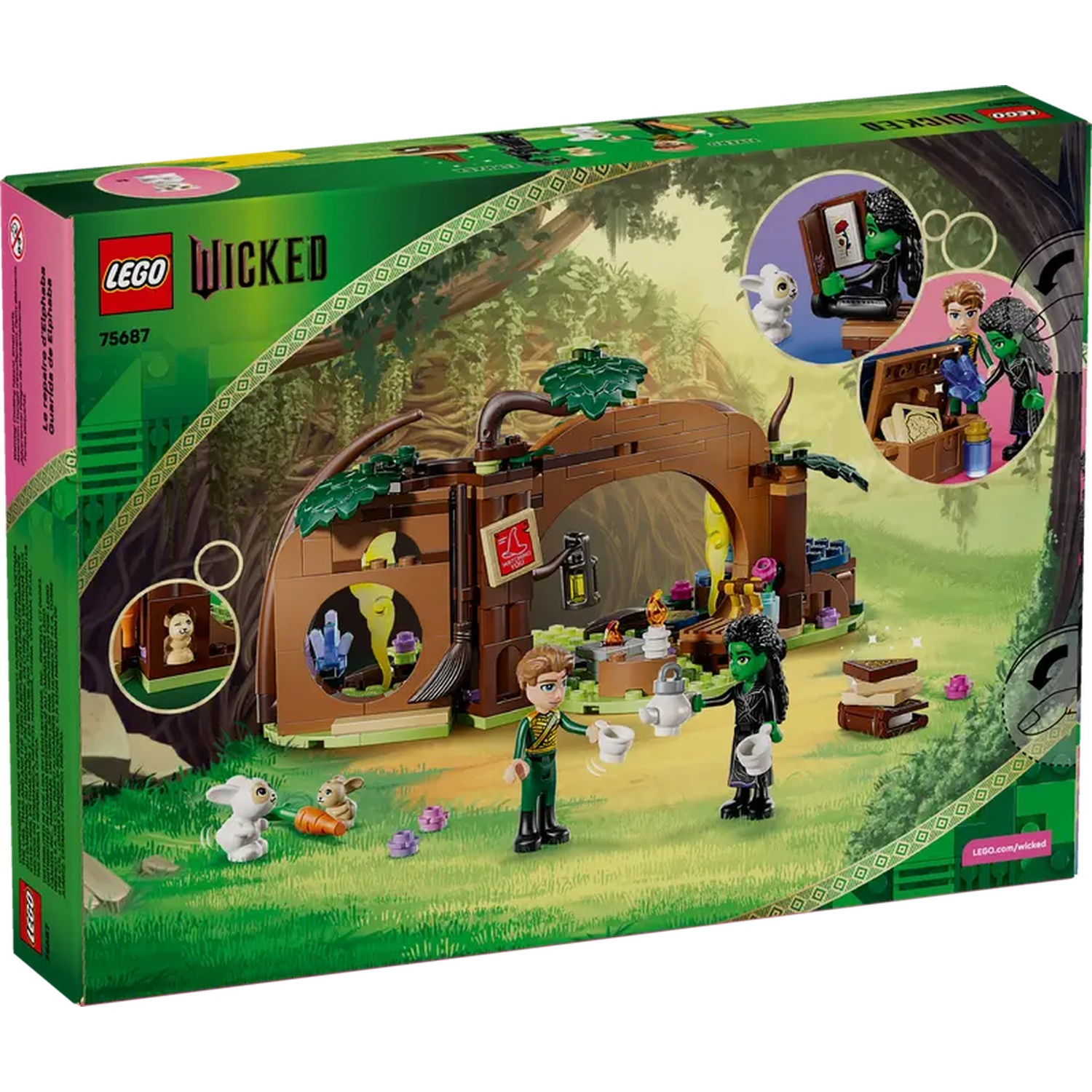 Coffret Lego Wicked. Figurines d'Elphaba et Glinda. Comprend des lapins, une cabane brune et divers accessoires.