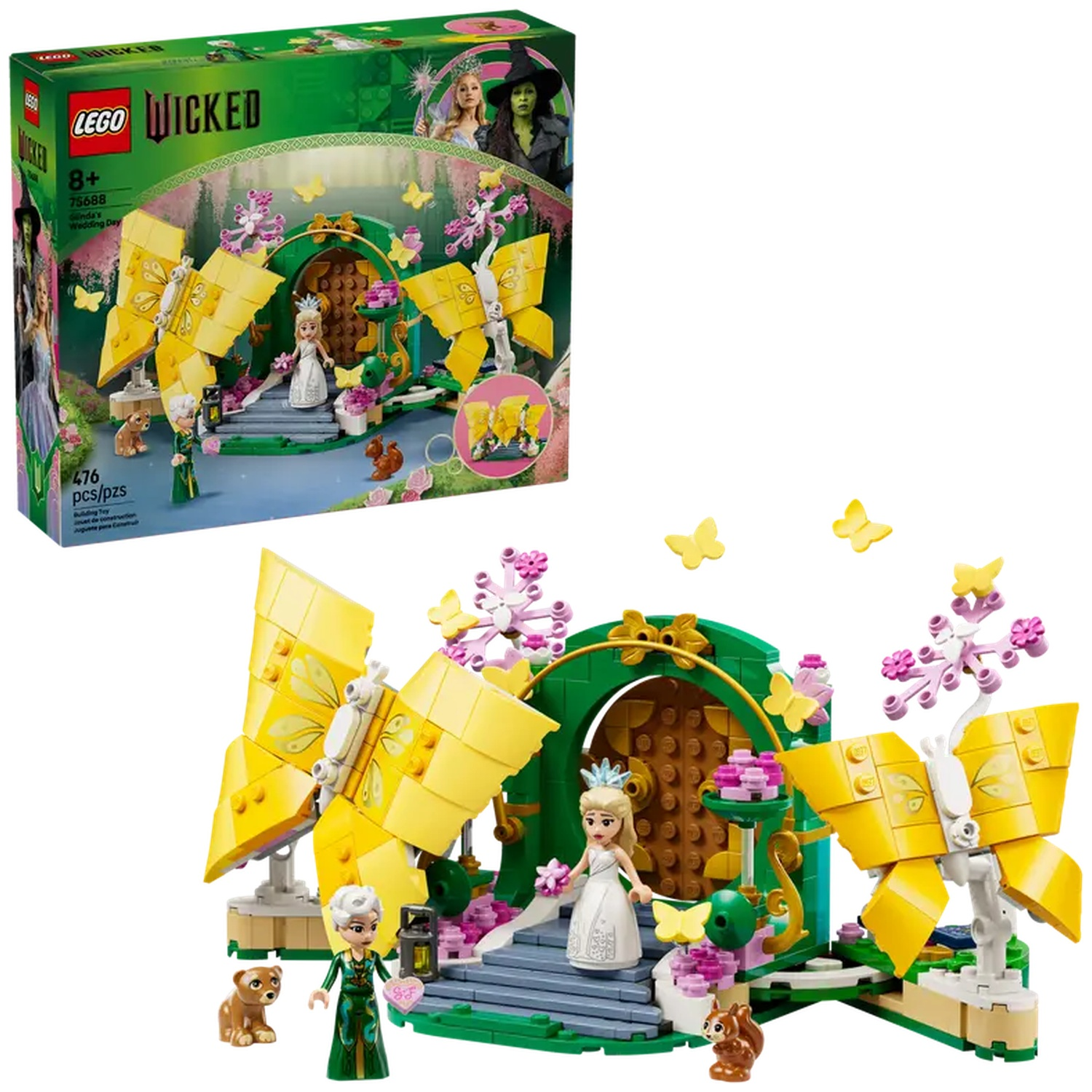 Lego set van Wicked. Het bevat een bruid, een groen gekleed persoon, dieren en decoratieve vlinders. De set staat op een groene basis.