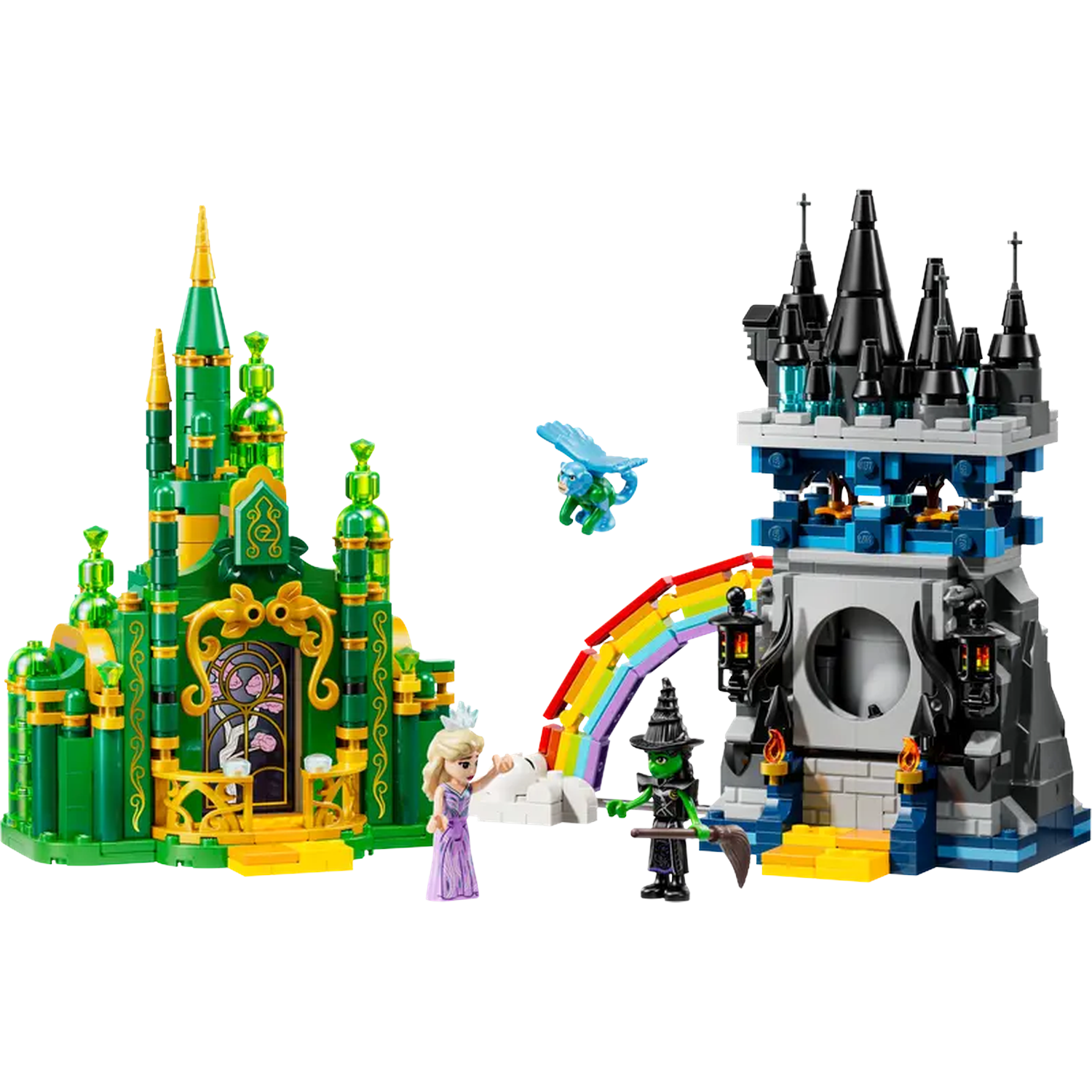 Set Lego : château vert, tour noire, arc-en-ciel, princesse, sorcière et créature volante. Scène colorée et détaillée.