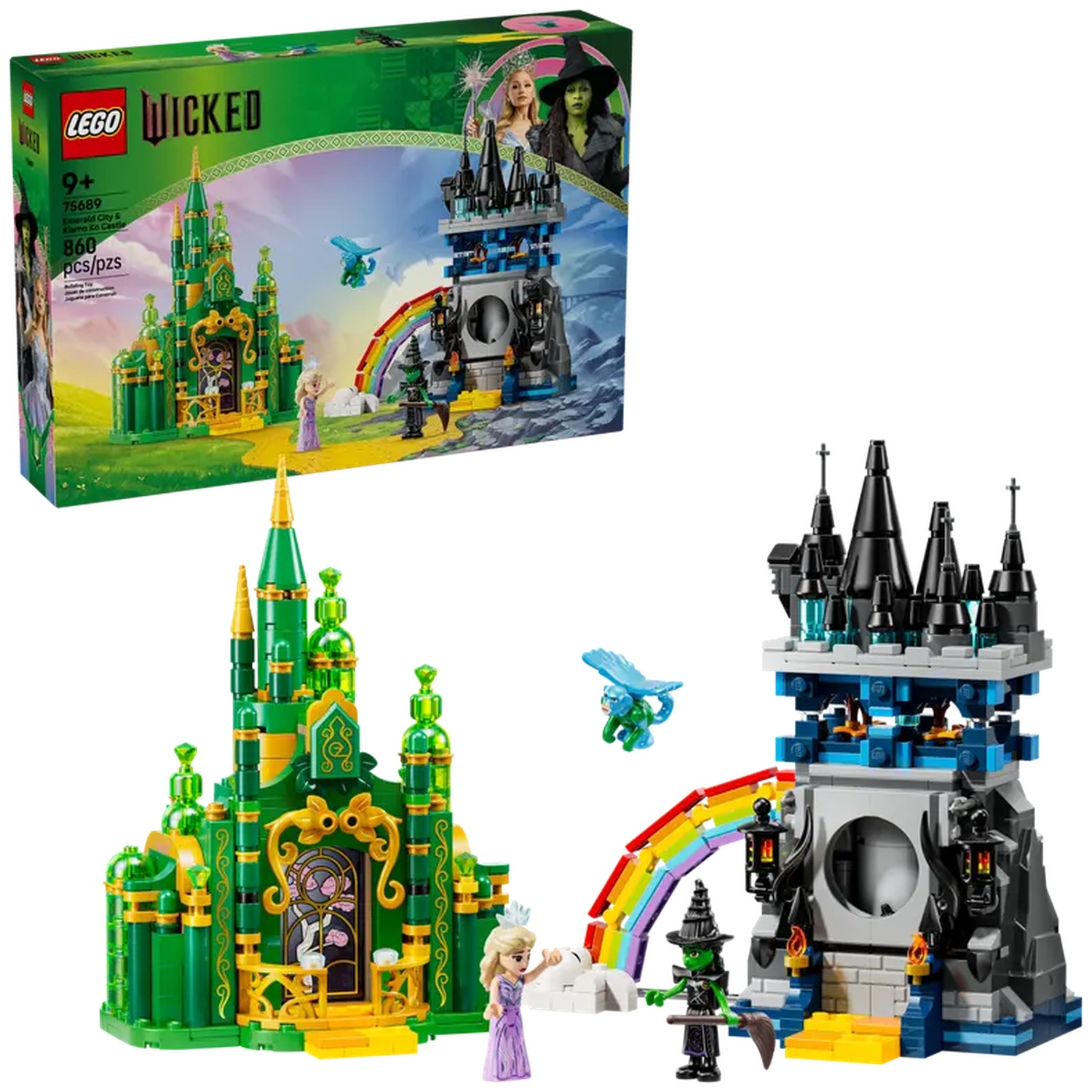 Ensemble Lego Wicked. La boîte montre un château et des personnages. La construction comprend un château vert, une tour noire, un arc-en-ciel et des figurines.