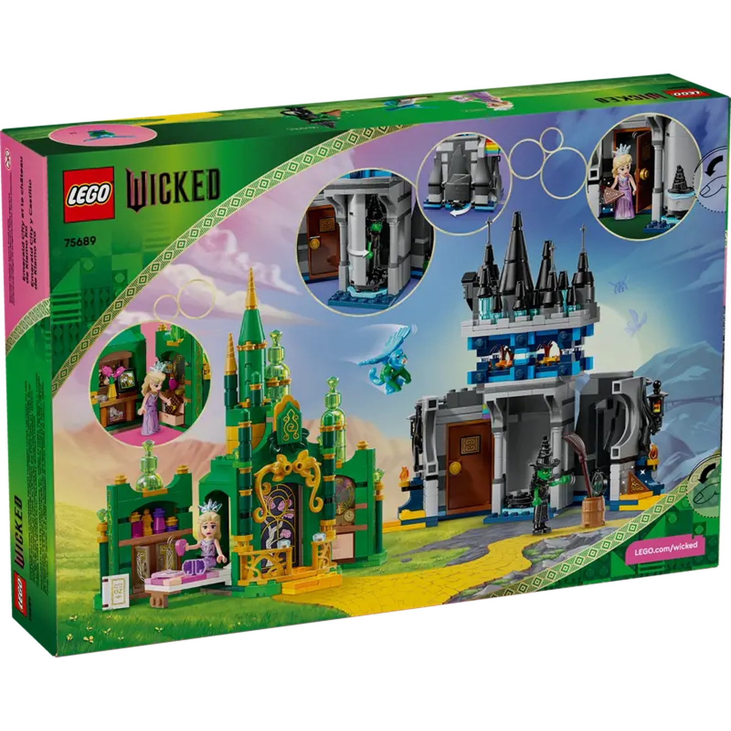 Boîte Lego Wicked. Château vert avec des accents dorés, des tours noires et des figurines de Glinda et de la Méchante Sorcière. Logo Lego présent.