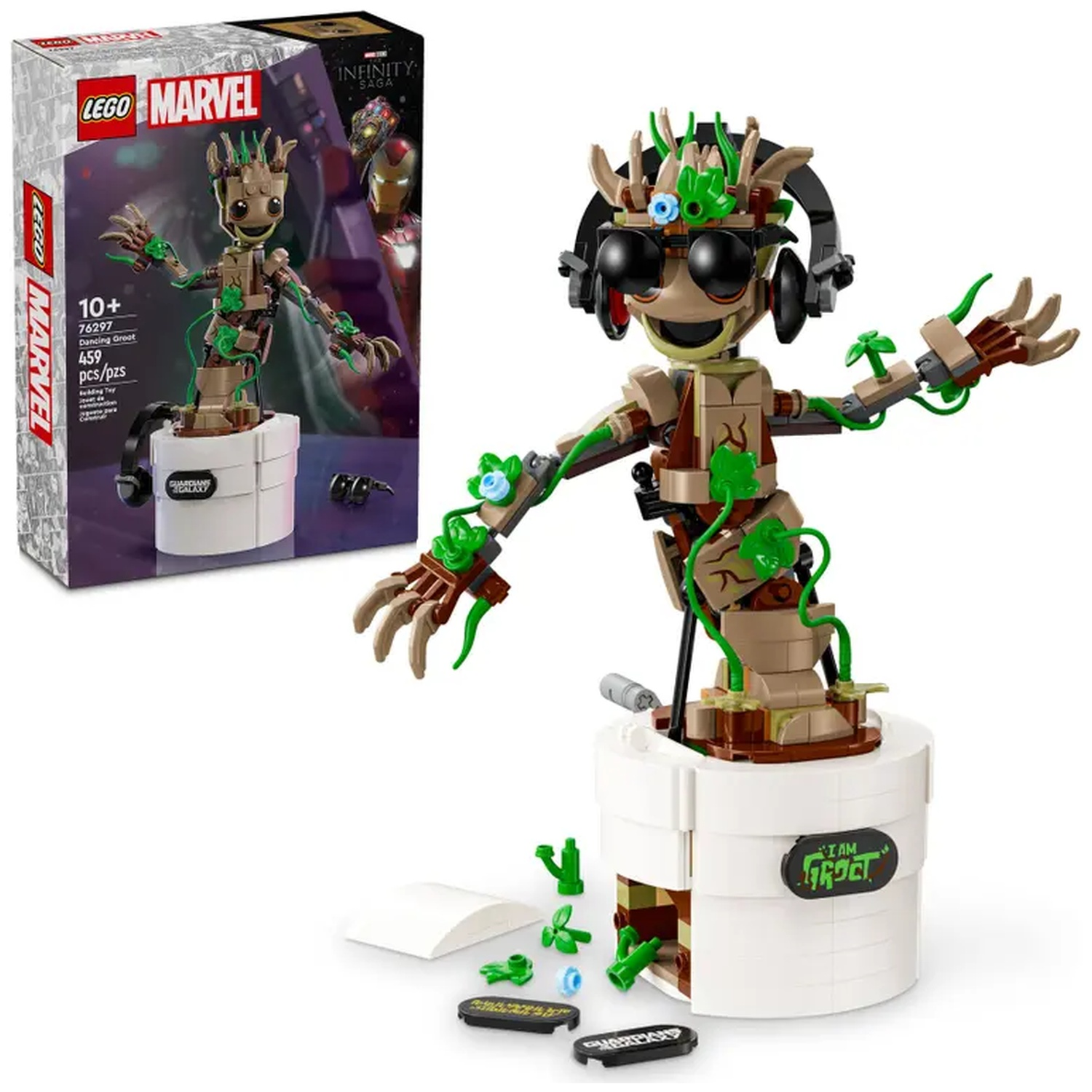 A Lego Groot figure with sunglasses and headphones. It's in a white pot, and the box is visible. Lego Marvel set.