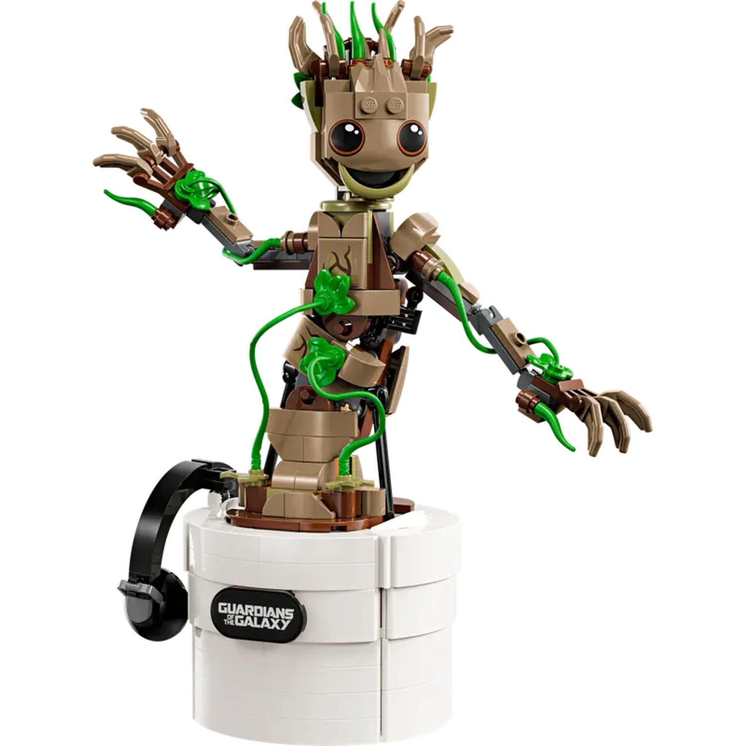 Lego Groot figure, brown and green, in a white pot. Has headphones and a 'Guardians of the Galaxy' logo on the pot.