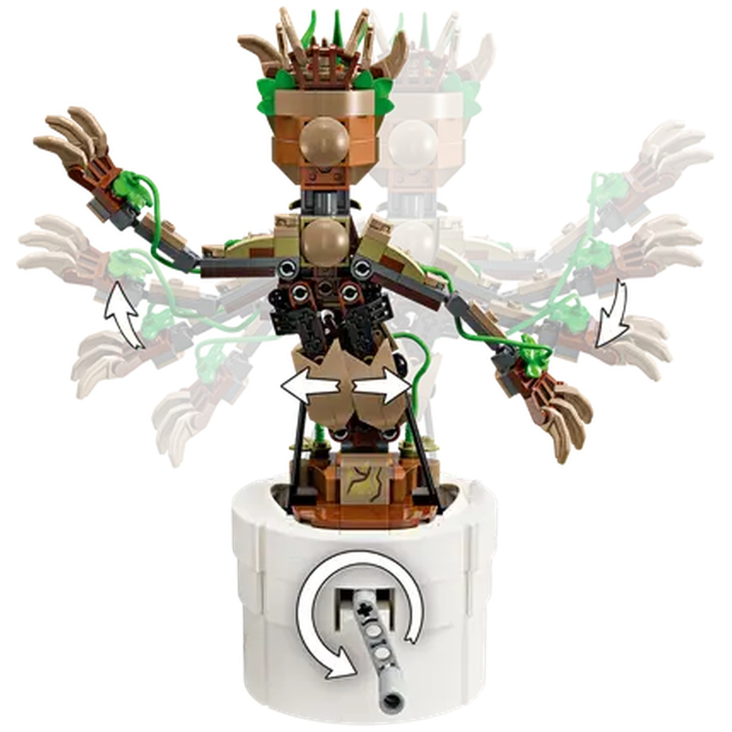 A Lego Groot figure with movable arms and head, in a white pot. Arrows show motion. Brown, green, and white colors dominate.