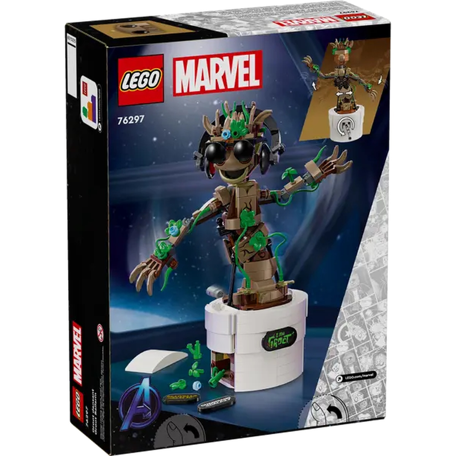 Lego Marvel set box featuring a Groot figure wearing headphones. The box has the Lego and Marvel logos.
