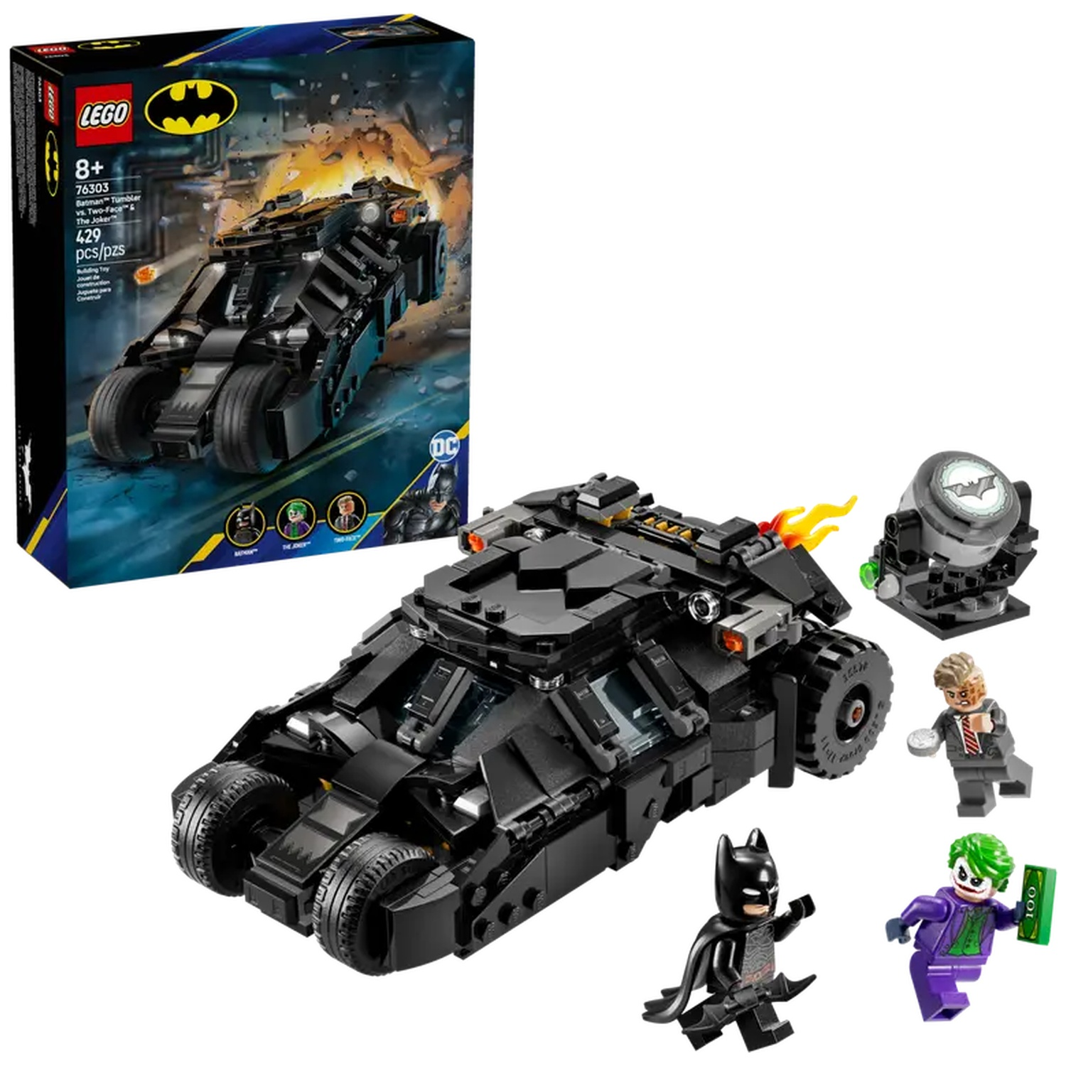 Een Lego-set met de Batmobile, Batman, The Joker en Two-Face minifiguren. De doos is zichtbaar met het Lego-logo en het Batman-embleem.
