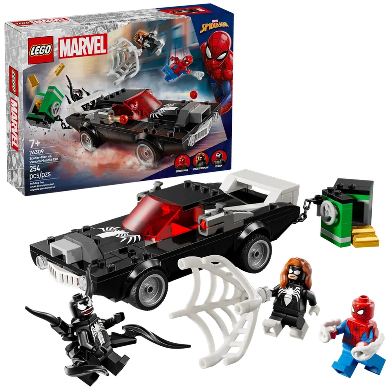 Lego set with Spider-Man, Venom, Spider-Woman, and a black muscle car. Includes a web, a safe, and a box with Spider-Man on it.