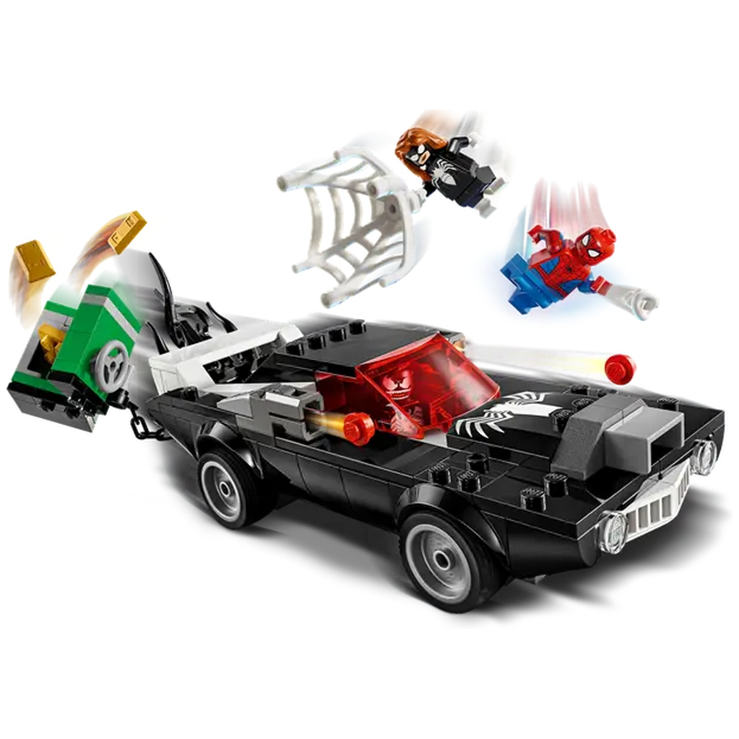Lego set depicting a black car with Spider-Man and other figures. The car has a red windshield and a green and gold part.