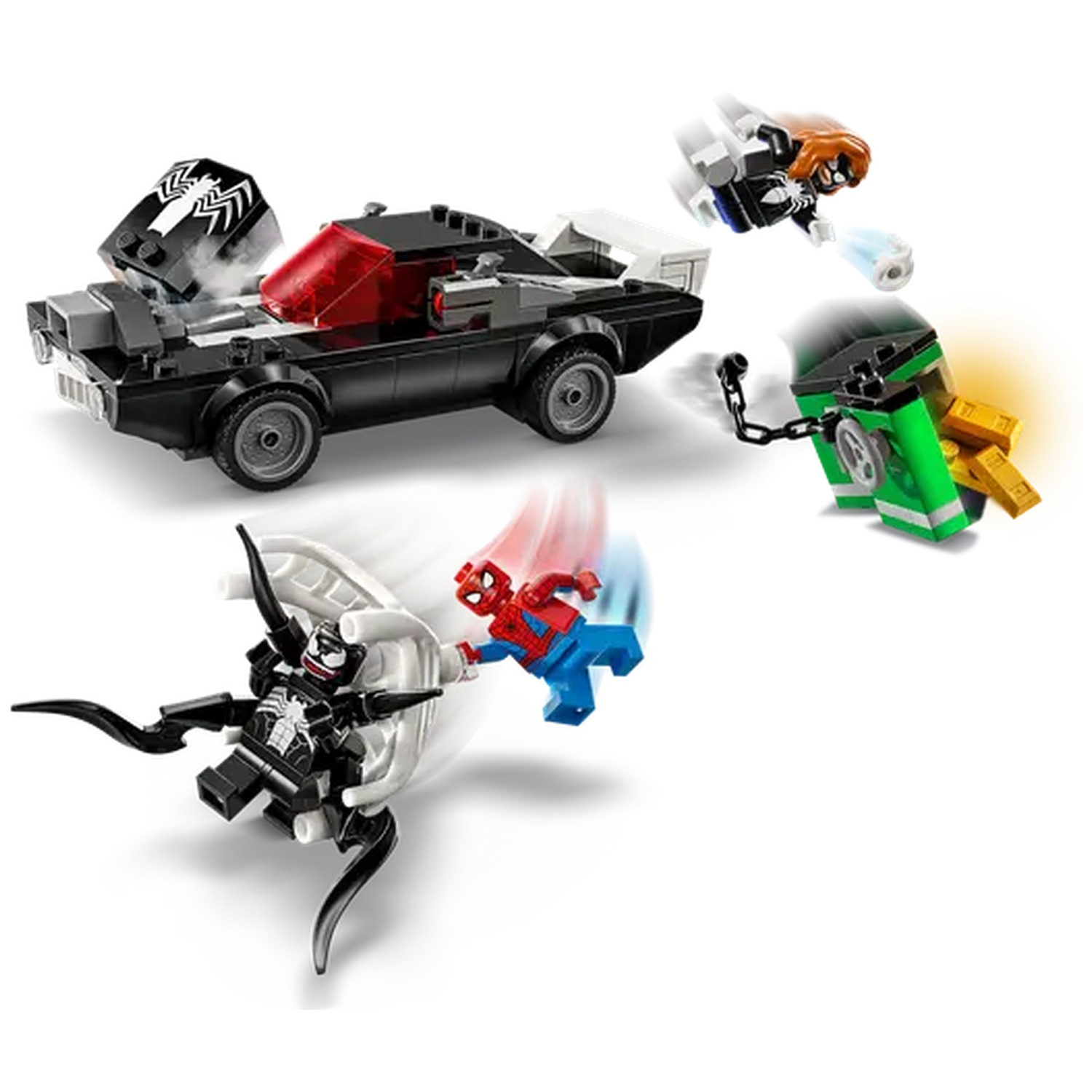 Lego set with a black car, Spider-Man, Venom, and other characters. Action figures are in motion, with various effects.