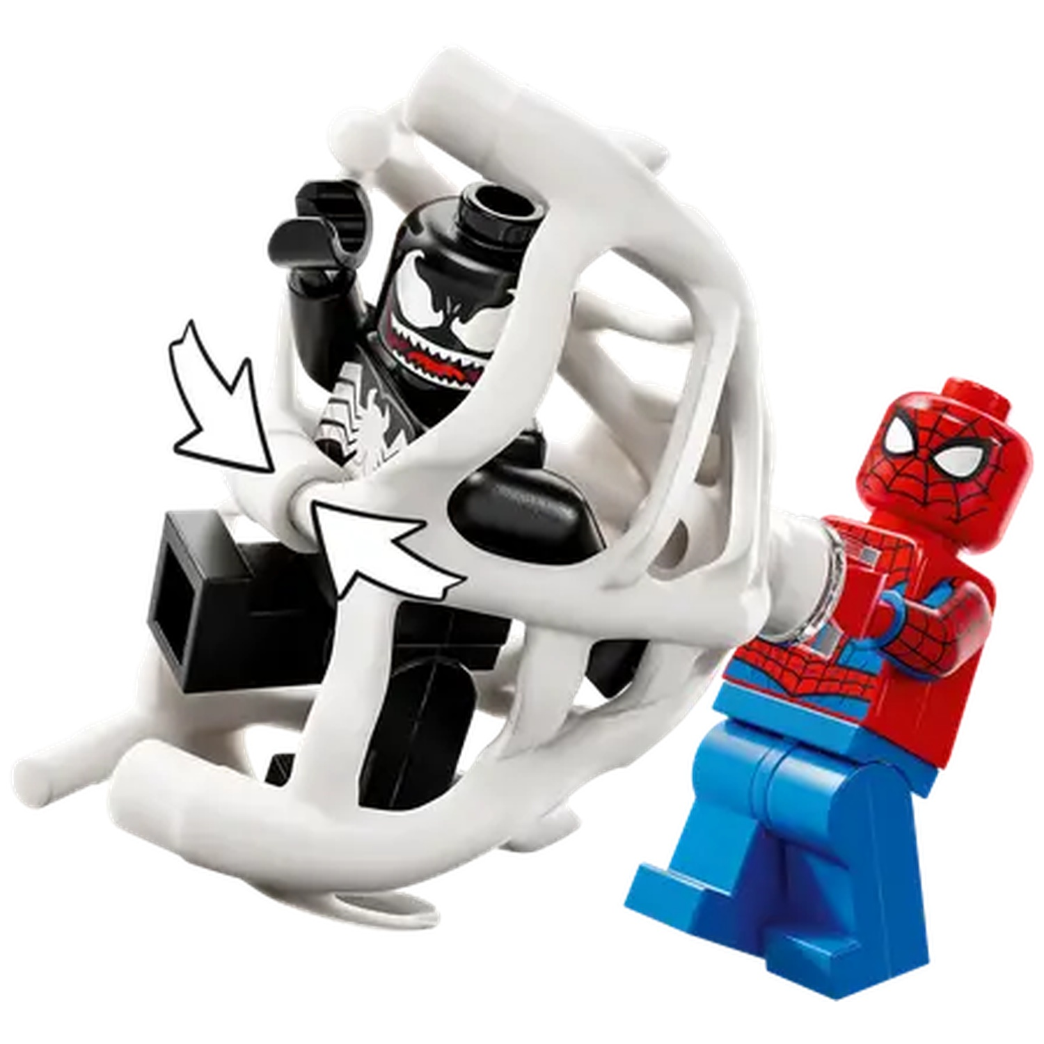 Venom Lego figure in white cage, Spider-Man Lego figure. Arrows indicate movement. White background.
