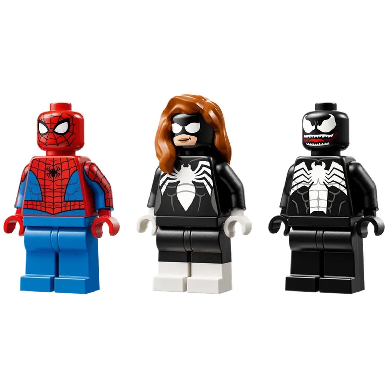 Three Lego figures: Spider-Man, a woman in a black and white spider-suit, and Venom. All are standing against a white backdrop.