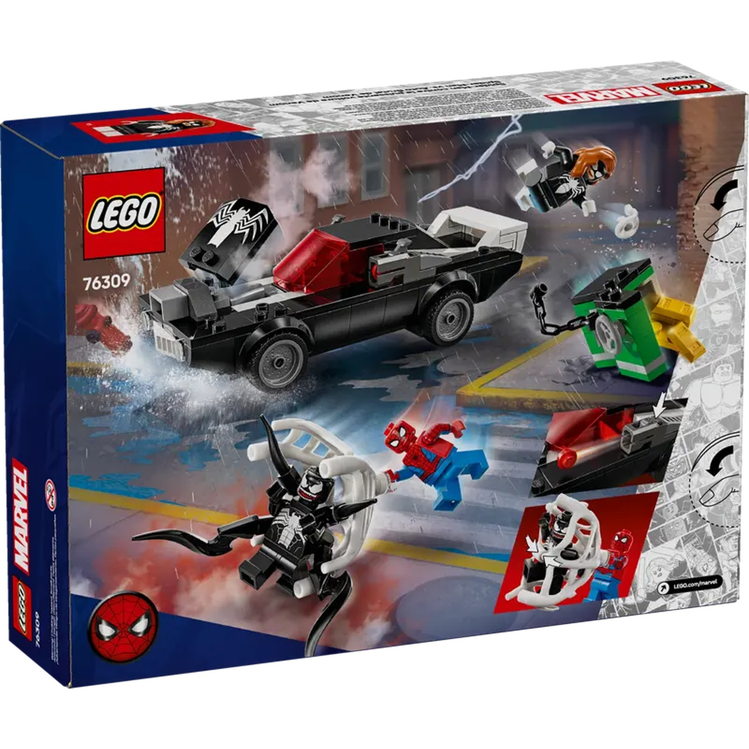 Lego set box. A black car with red roof, Lego characters Spider-Man, Venom, and others in a city setting. Rain is falling.