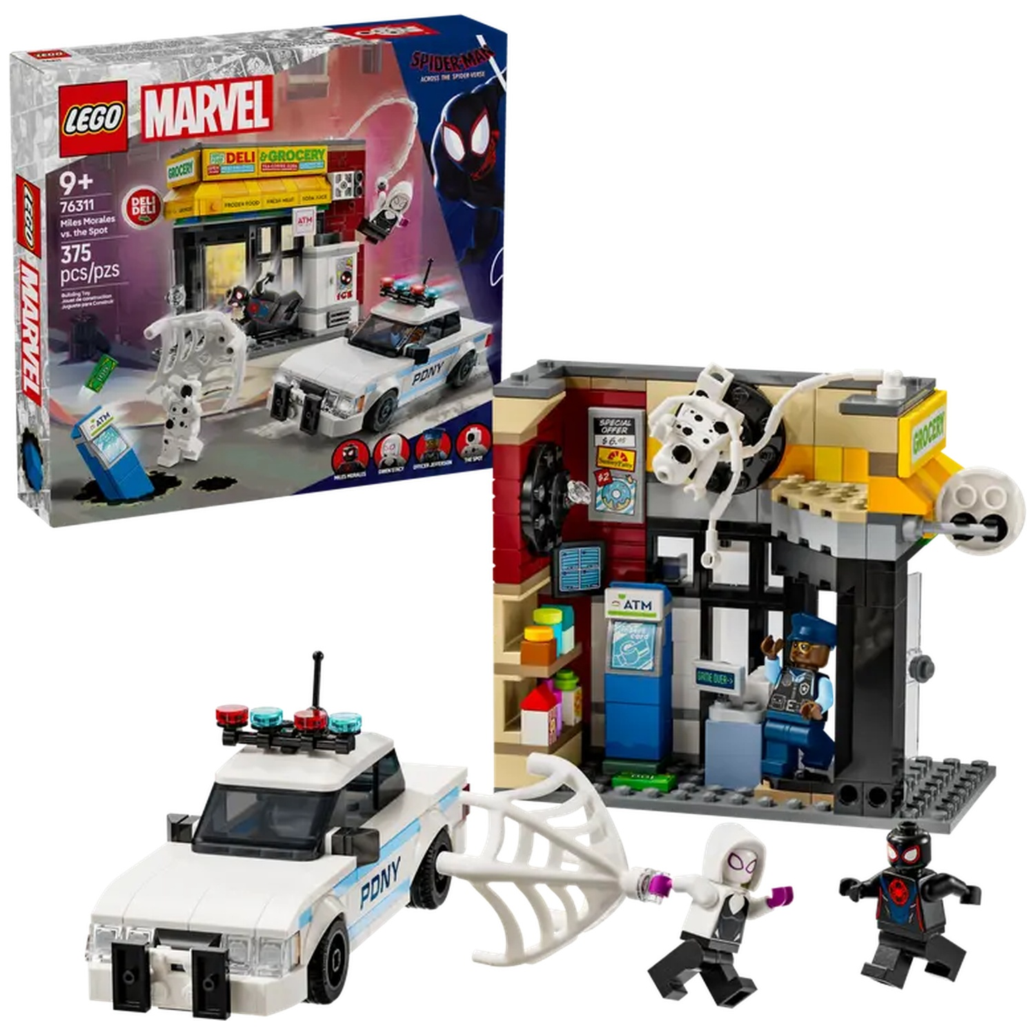 Lego Marvel set. White police car, deli and grocery store, and various Spider-Man characters. The Spot, Miles Morales, and Gwen Stacy.