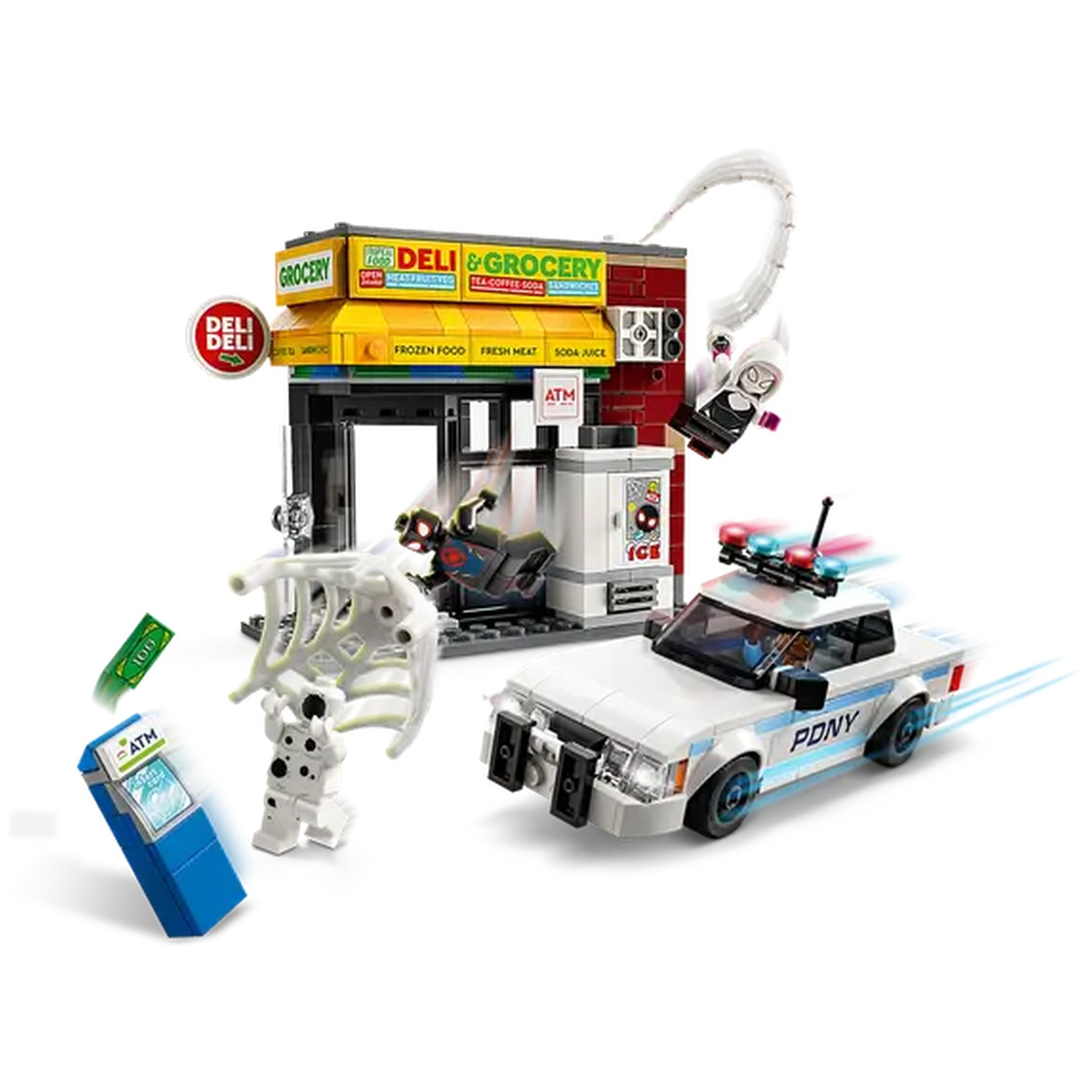 Lego set with deli, police car, and characters. Spider-Man and Spider-Gwen. ATM and a Dalmatian figurine are also visible.