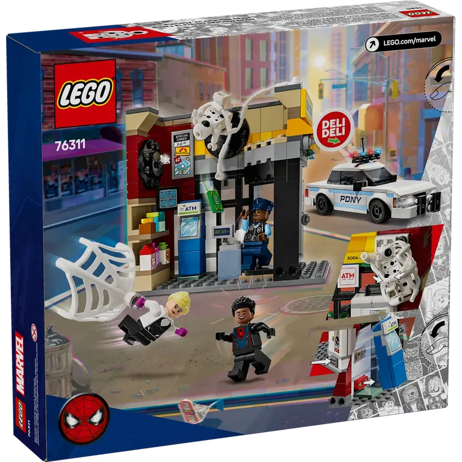 Lego box with Spider-Man theme. Shows minifigures in a city scene with a police car, deli, and ATM. A Dalmatian is also present.