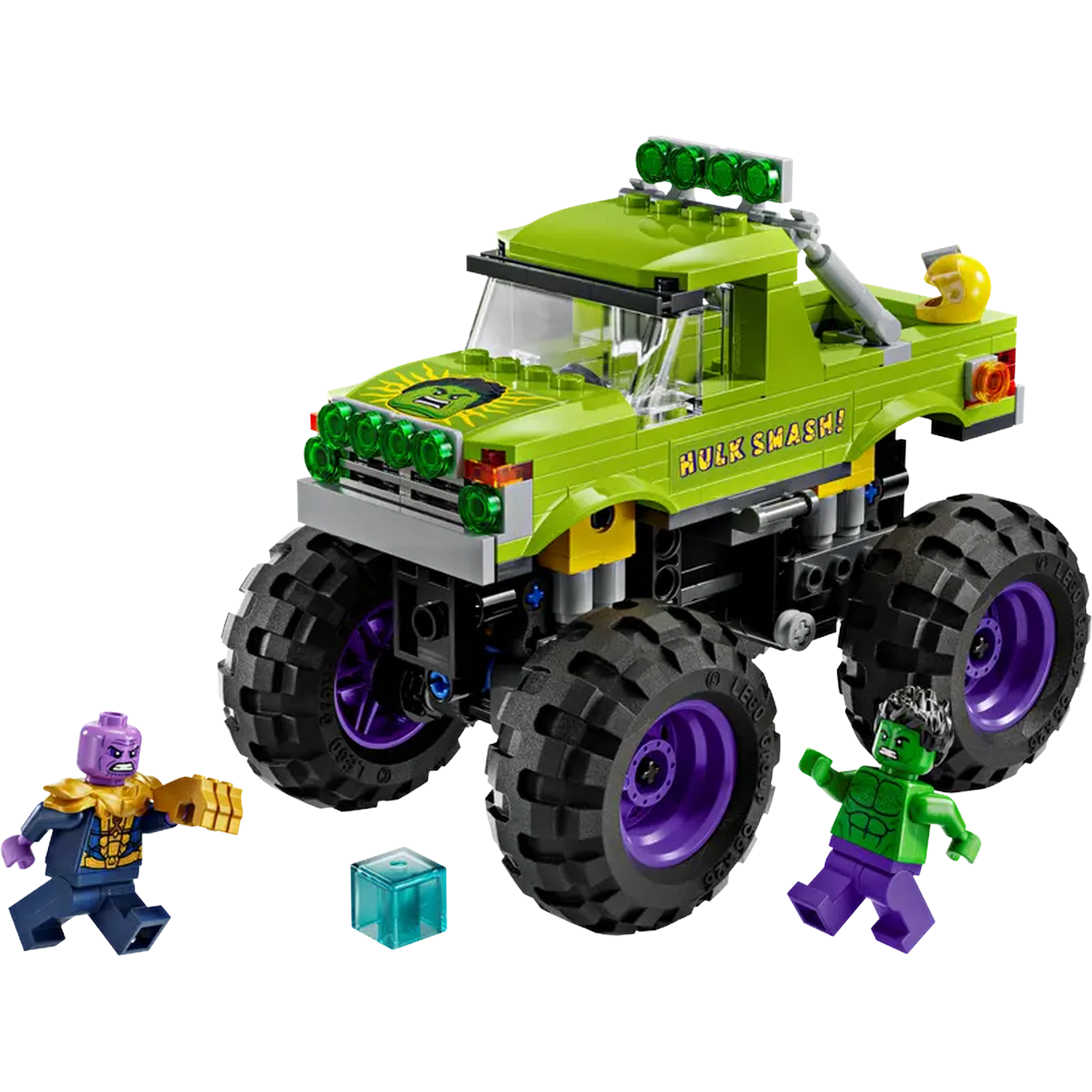 Camion Lego Hulk Smash avec figurines Hulk et Thanos. Camion vert avec gros pneus, accents violets et casque jaune.