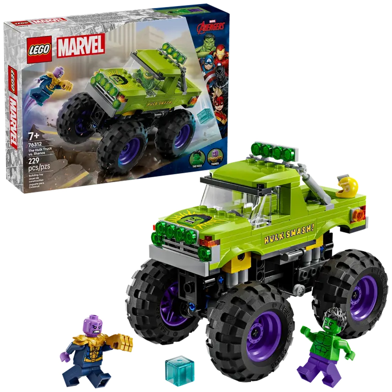 Ensemble Lego : Camion Hulk avec Thanos. Inclut figurines Hulk, Thanos et cubes transparents. Camion vert avec roues noires et accents violets.