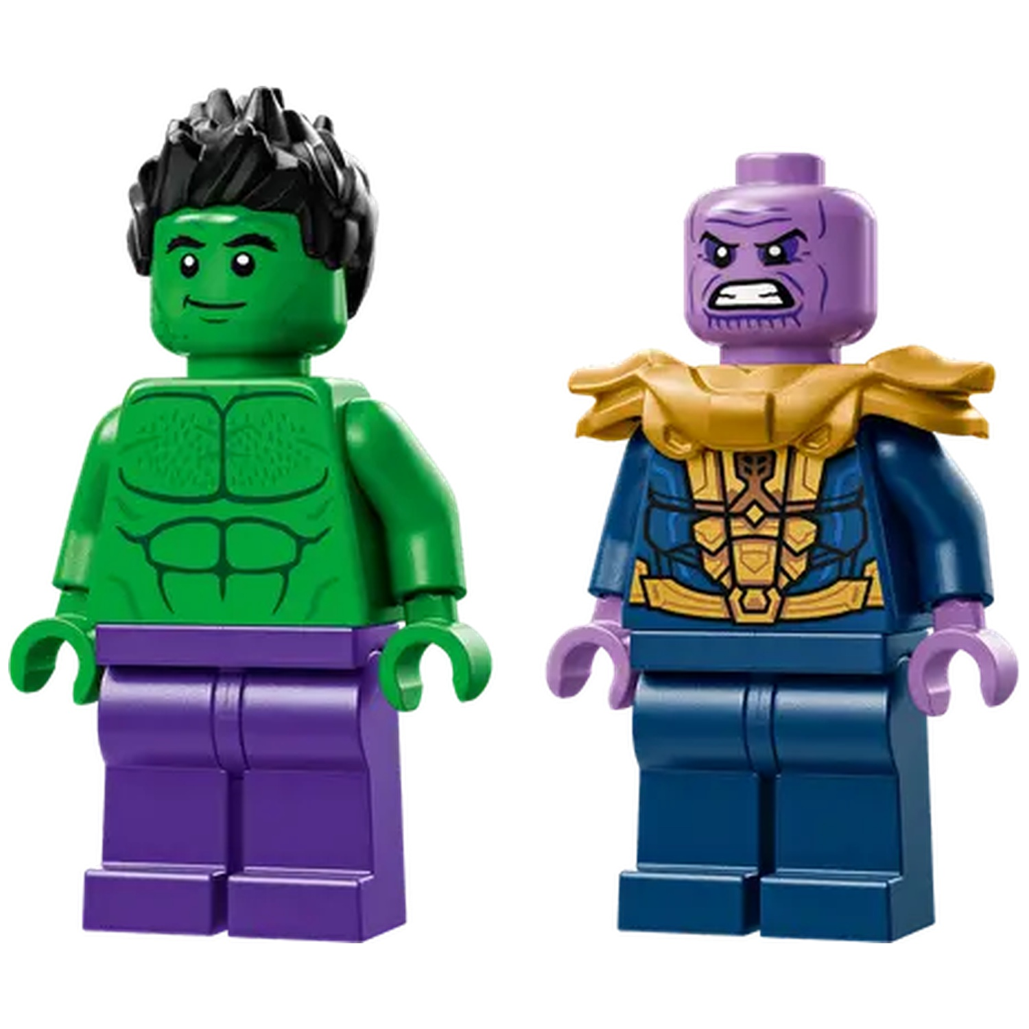 Deux figurines Lego: Hulk et Thanos. Hulk est vert avec des cheveux noirs et un pantalon violet. Thanos est violet avec une armure dorée et une tenue bleue.