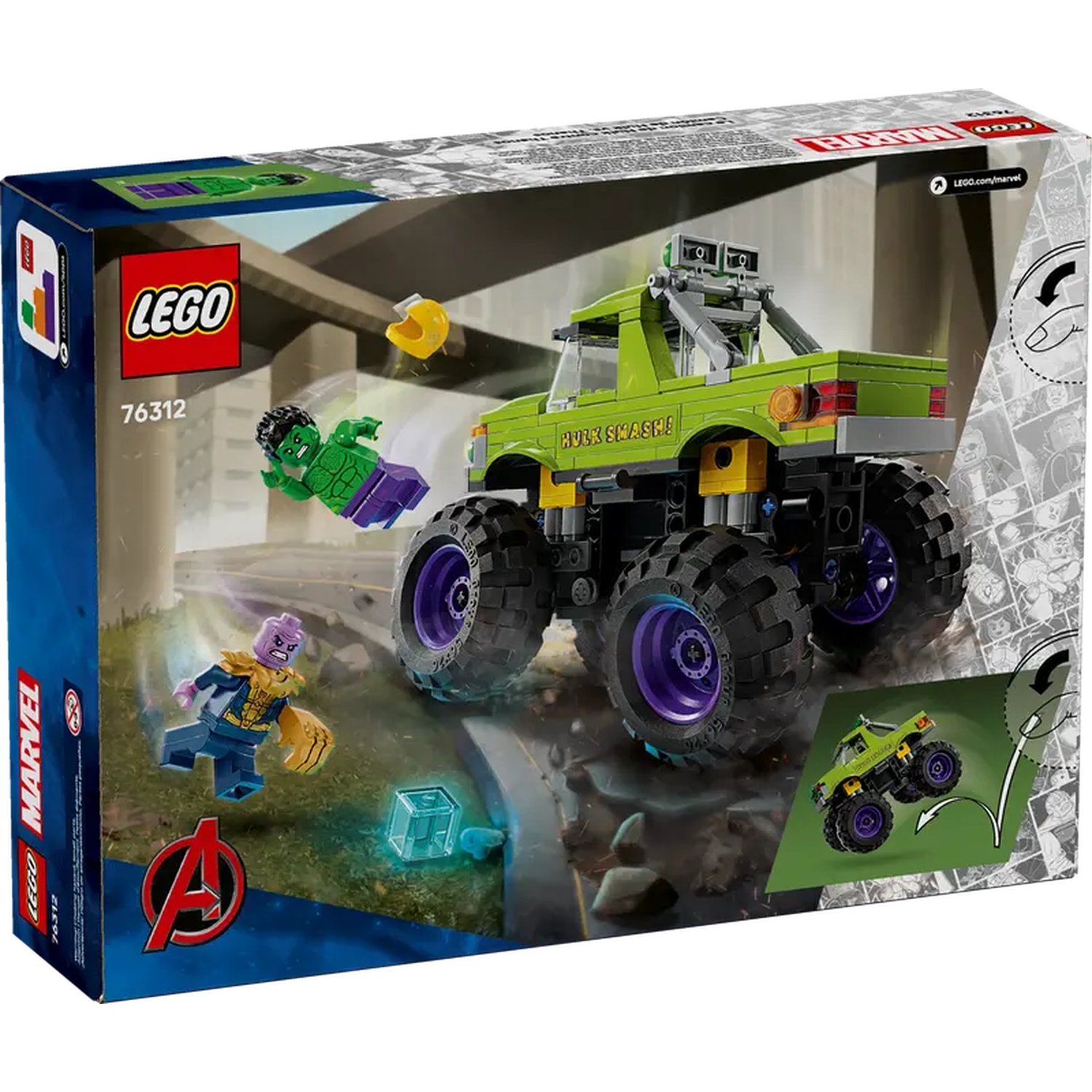 Boîte Lego avec Hulk, Thanos et un monster truck. Hulk vole, Thanos court et un camion est au milieu.