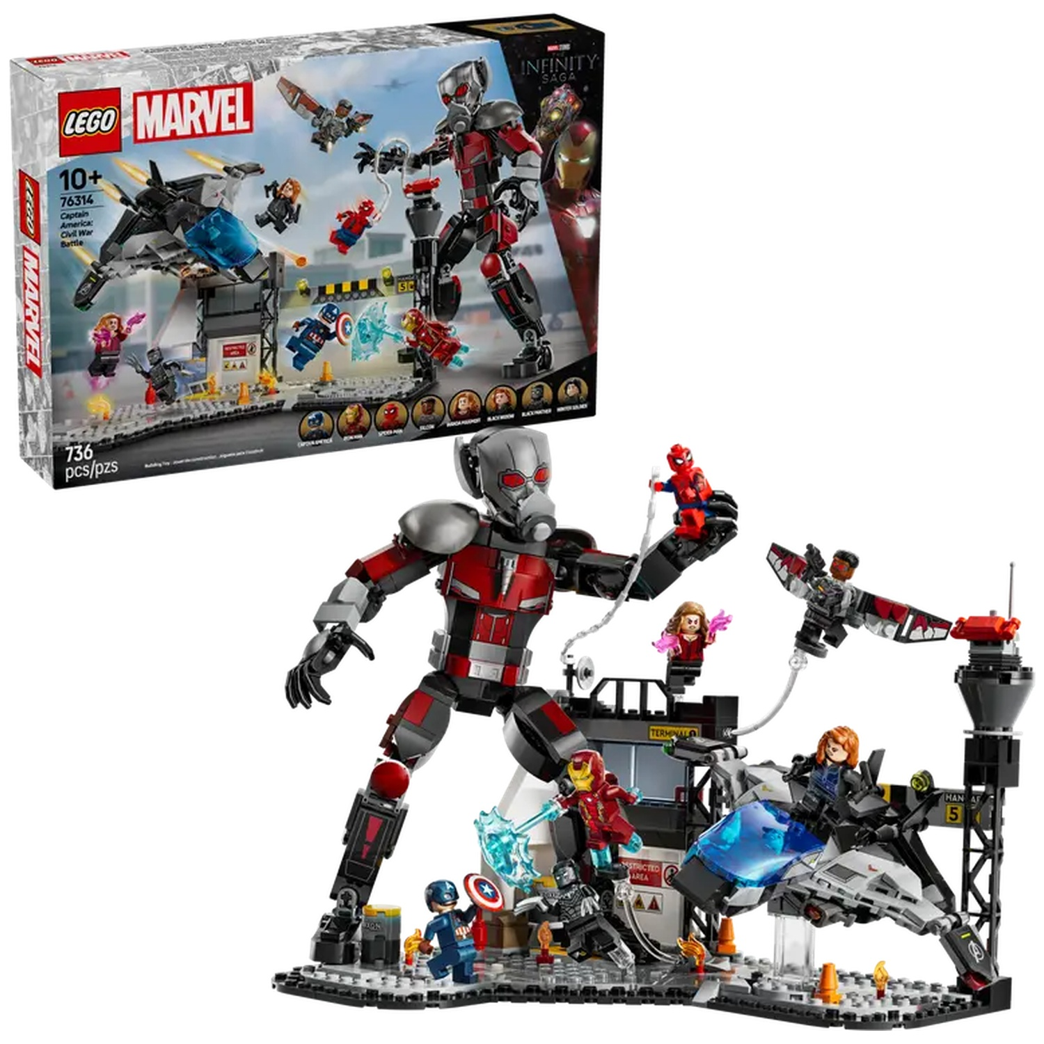 A Lego Marvel set with Ant-Man, Captain America, Iron Man, Spider-Man, and other characters, with a black and gray battle scene.