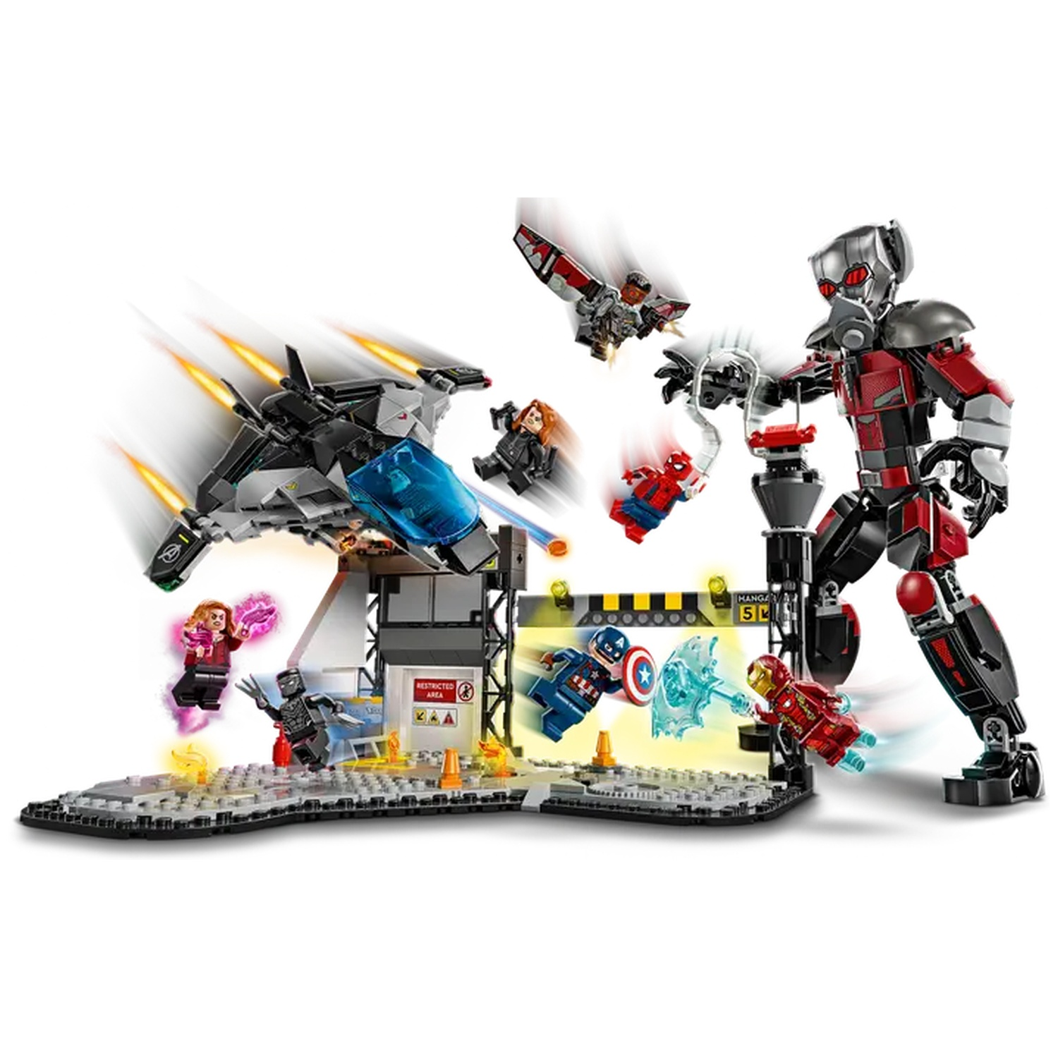 Lego set depicting Avengers characters in action. Includes Ant-Man, Iron Man, Captain America, Black Widow, and others in a battle scene.