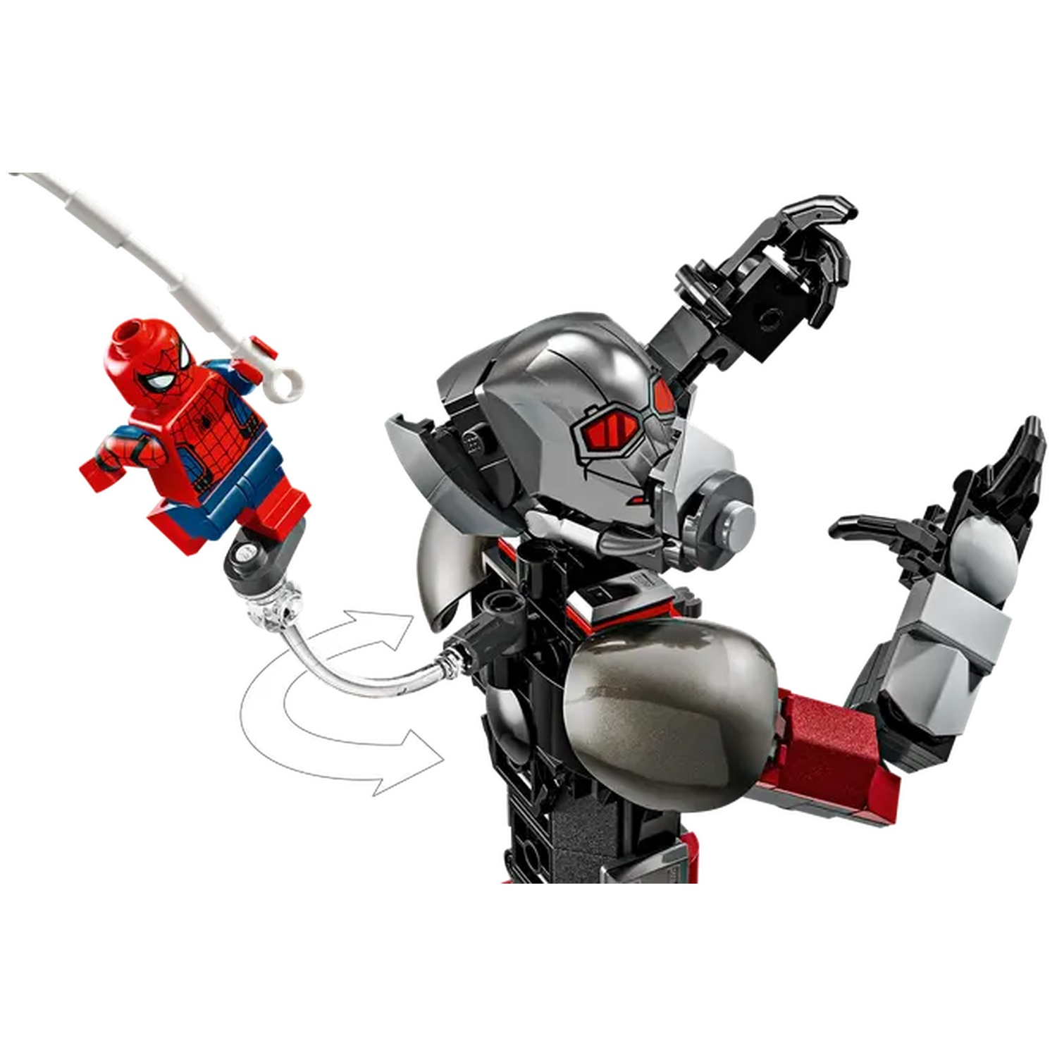 Lego set with Spider-Man and a large robot. Spider-Man is swinging towards the robot with a web. The robot is metallic.