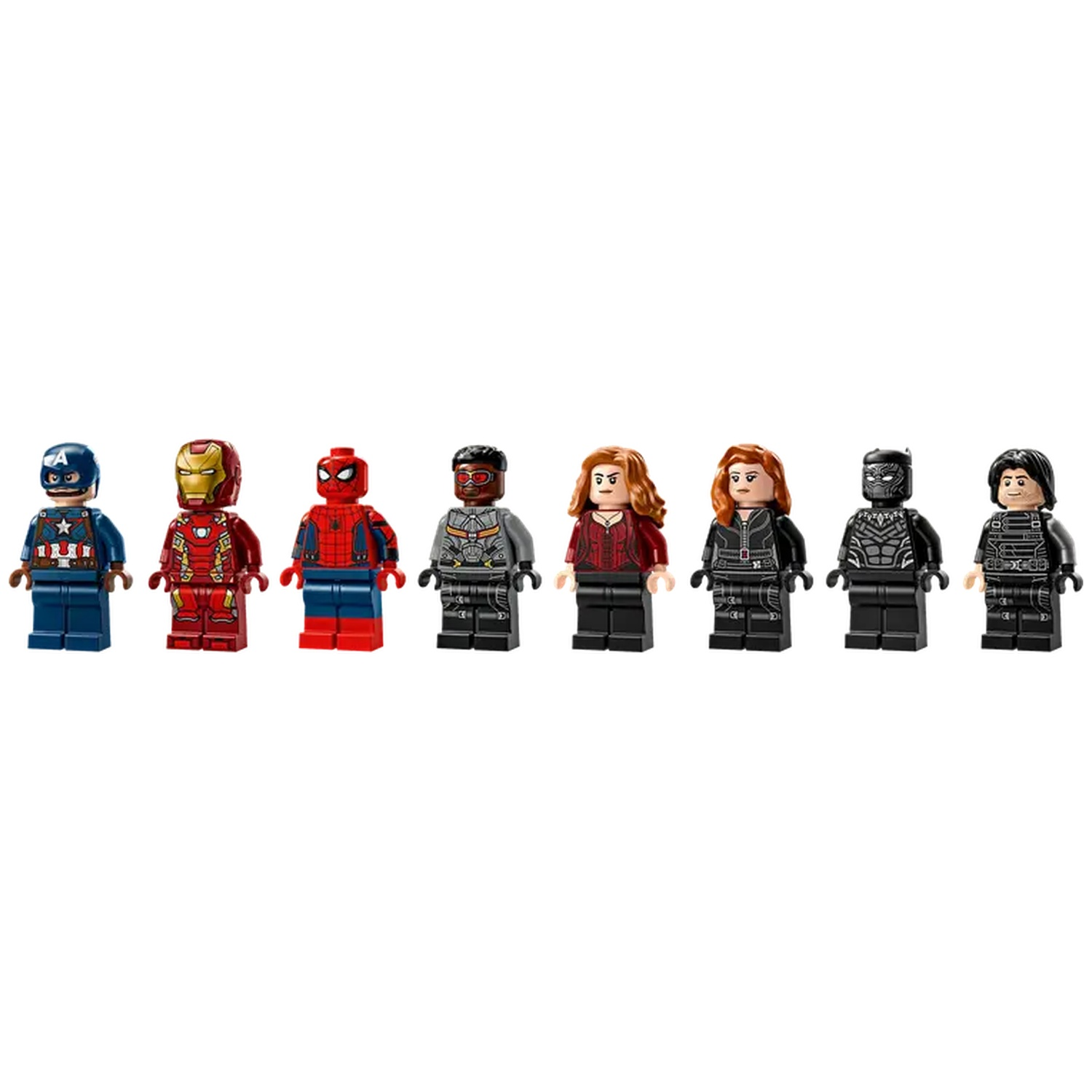 Eight Lego figures of Marvel characters: Captain America, Iron Man, Spider-Man, Falcon, Scarlet Witch, Black Widow, Black Panther, and Winter Soldier.