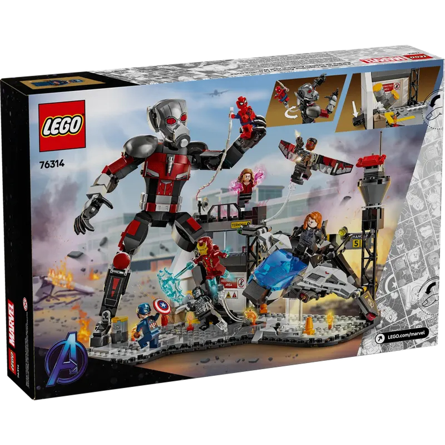 Lego box with Ant-Man figure and Avengers characters. Spider-Man, Iron Man, Black Widow, and others are in action.