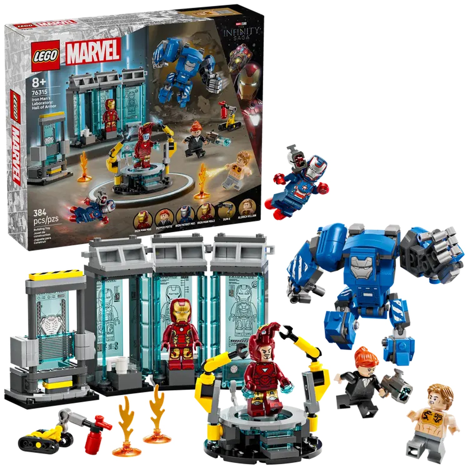 Lego set: Iron Man's Laboratory. Includes Iron Man figures, blue robot, lab structures, and accessories. Box art shows various scenes.