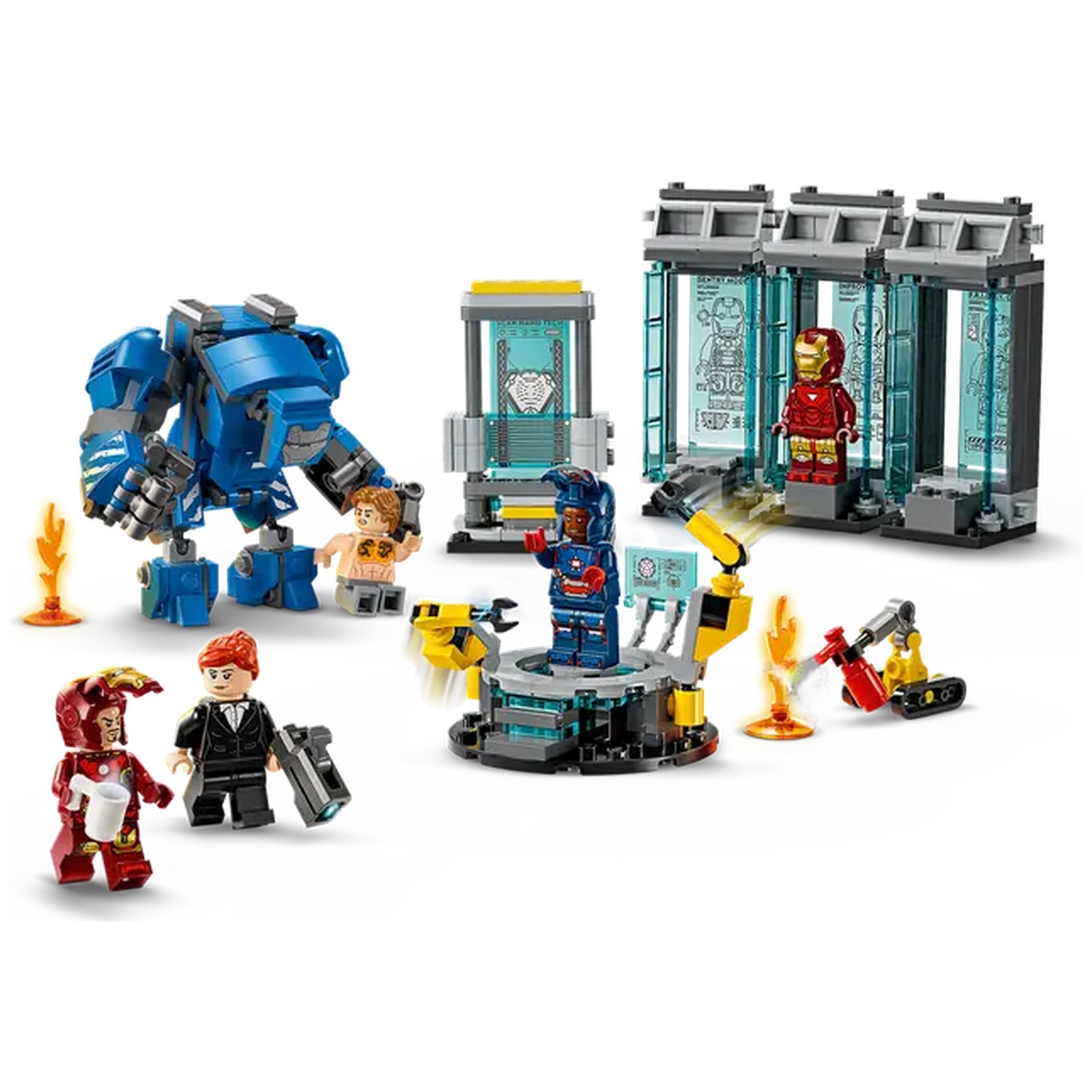 Lego set with Iron Man figures, a blue mech, and lab equipment. Figures are in action poses, with multiple colors.