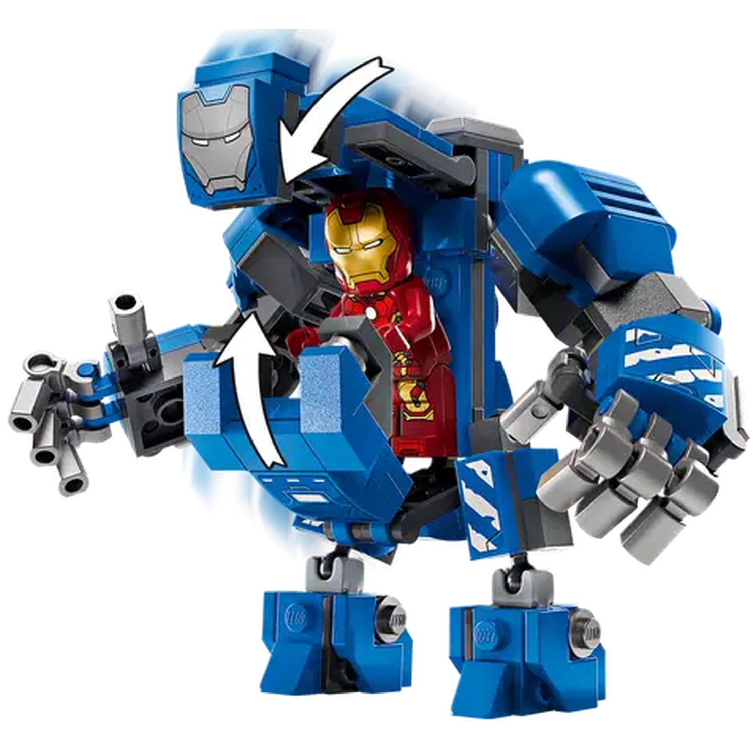 Iron Man Lego figure inside a blue mech suit. The suit has gray accents and articulated limbs. Arrows indicate opening.