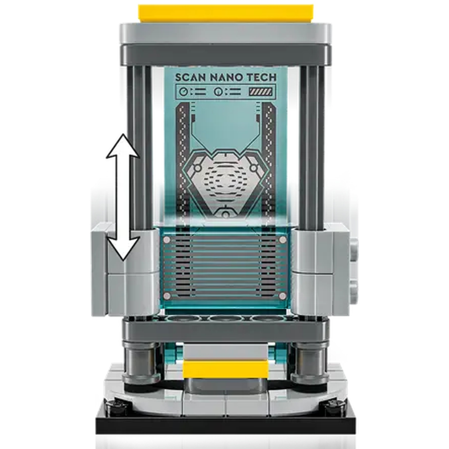A Lego structure with a transparent screen labeled 'SCAN NANO TECH'. It has a yellow top and base, with arrows indicating movement.