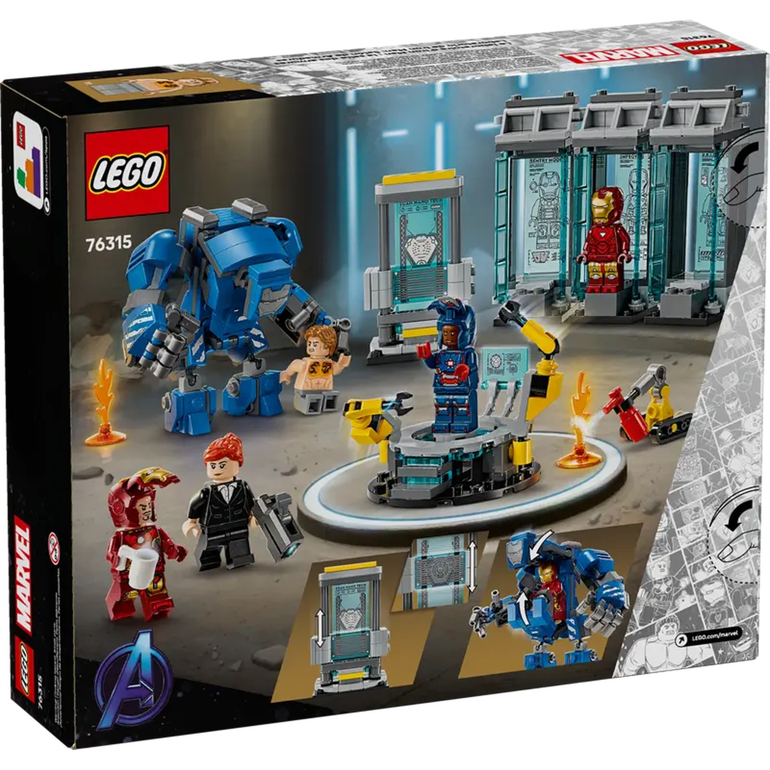 Lego box set featuring Iron Man figures, robots, and lab settings. Includes characters and Avengers logo, with the Lego and Marvel logos.