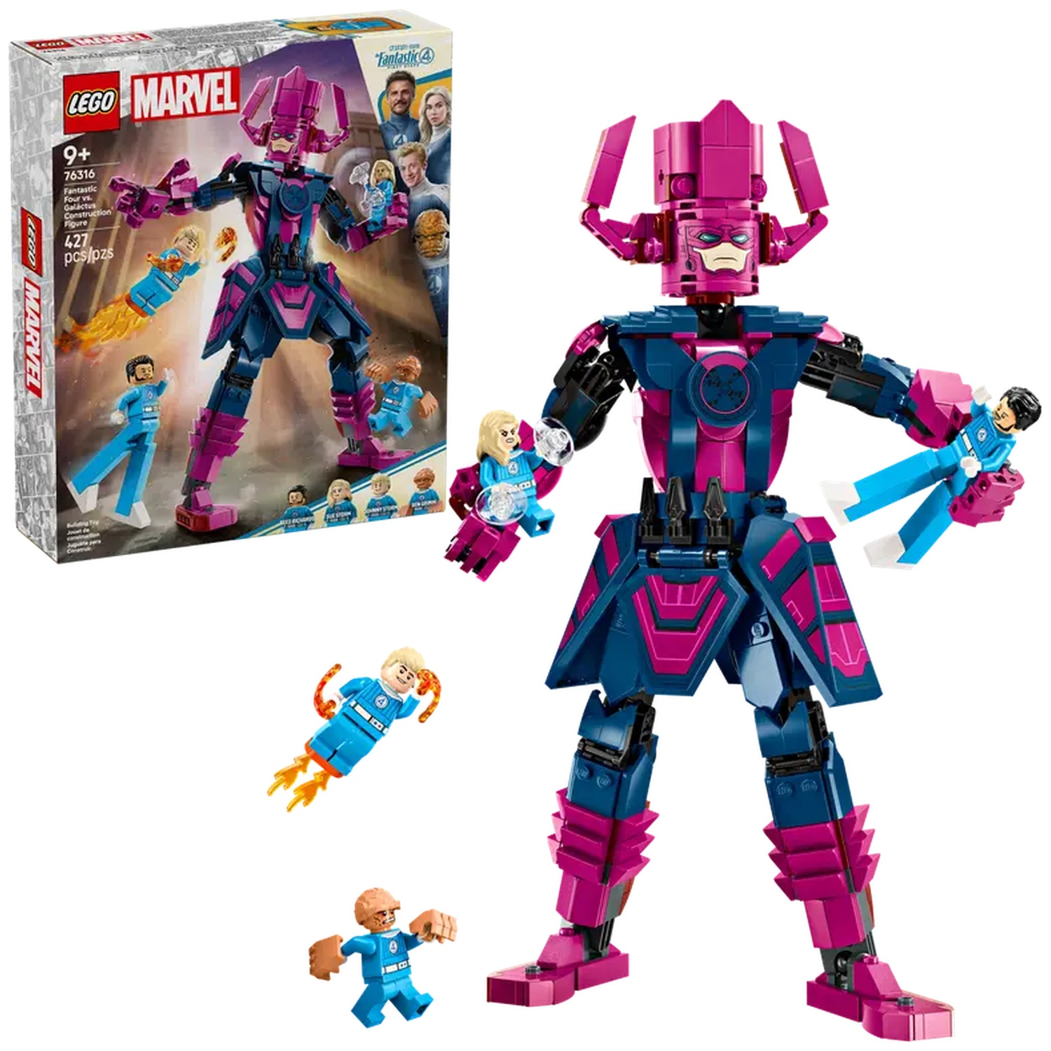 A Lego Marvel set featuring Galactus with Fantastic Four figures. The box is visible, and the set includes various Lego figures.