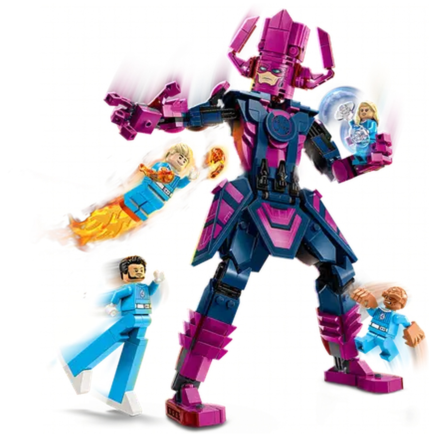 Lego set with Galactus and Fantastic Four characters. Galactus is purple and blue, holding a sphere. Four figures are in motion.