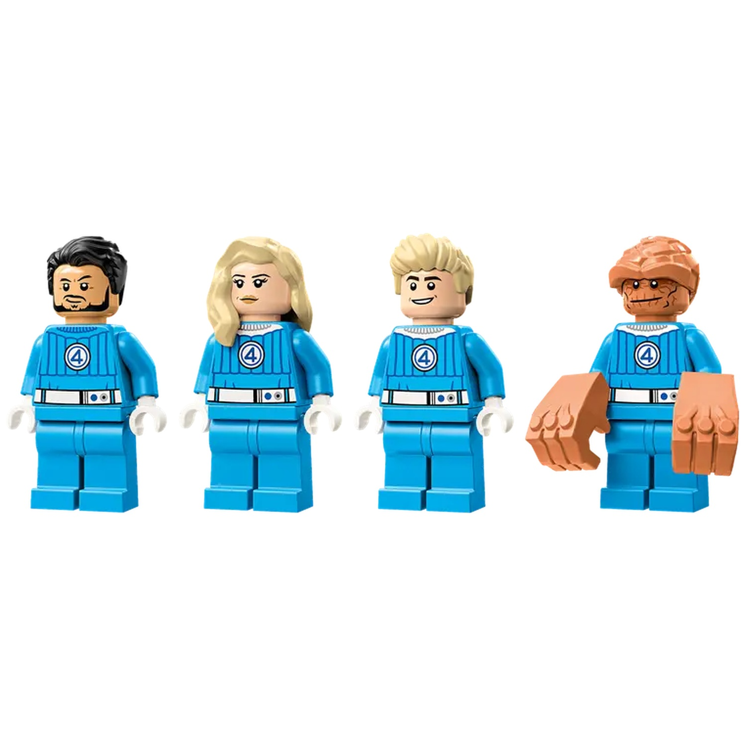 Four Lego figures from the Fantastic Four in blue uniforms. Includes Mr. Fantastic, Invisible Woman, Human Torch, and The Thing.