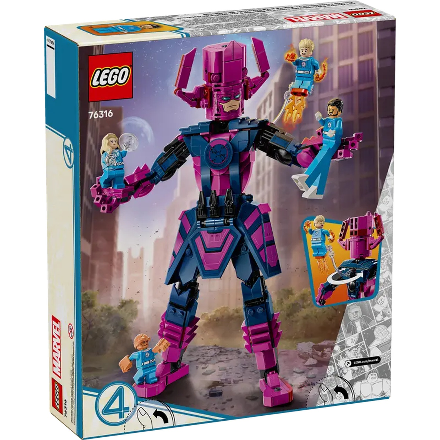 Lego box of Galactus and Fantastic Four figures. Galactus is purple and blue. Other figures are blue and orange. City background.