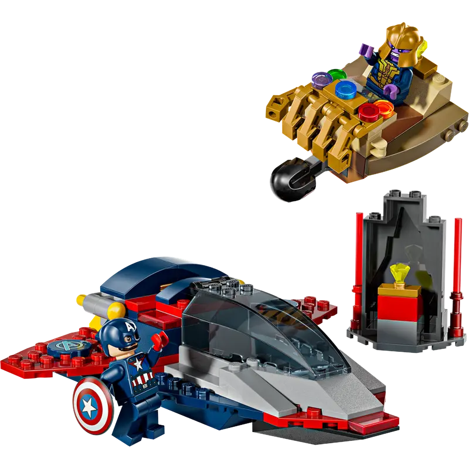 Lego set met Captain America, een jet, Thanos met de Infinity Gauntlet en een kleine structuur met een edelsteen.