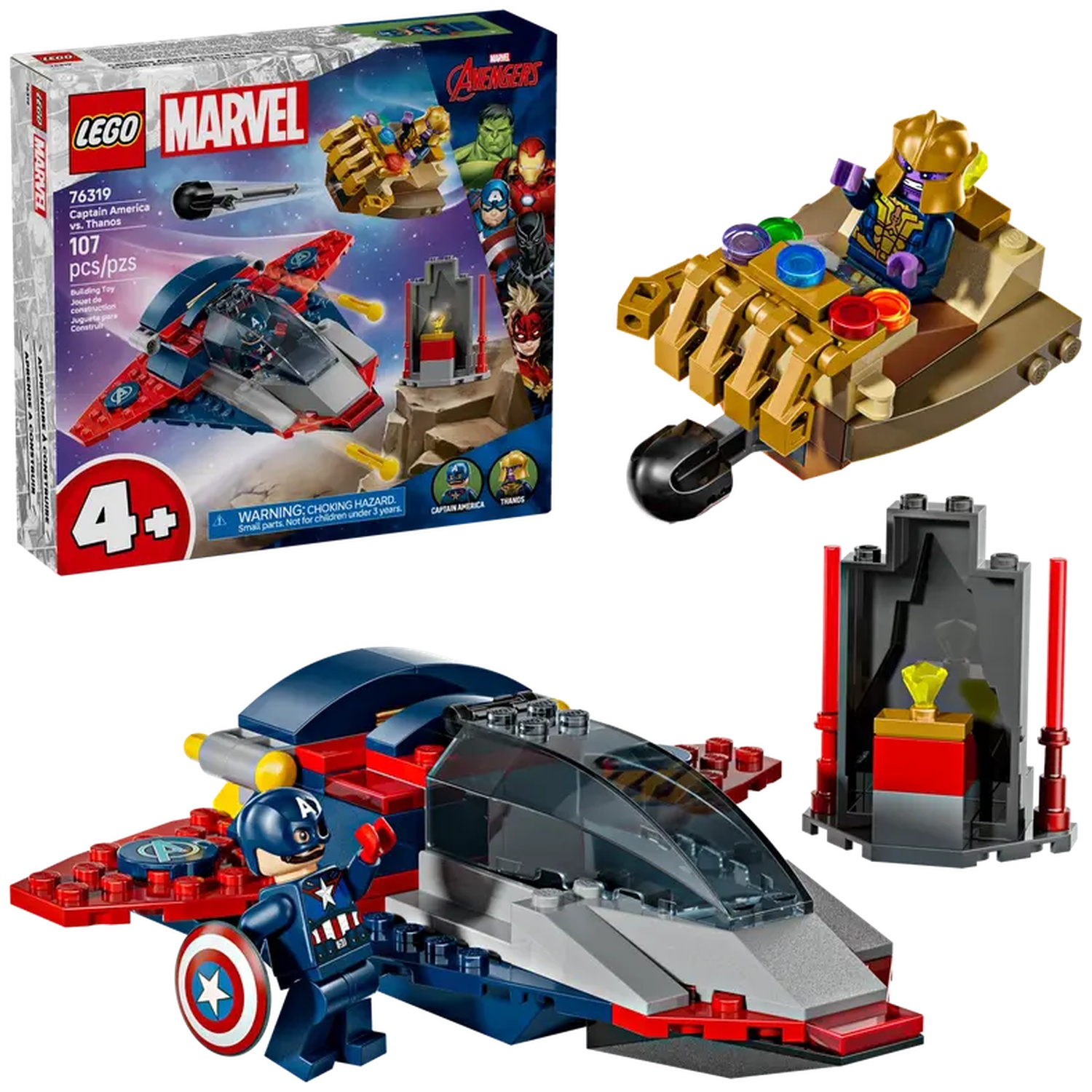 Lego set: Captain America vs. Thanos. Bevat Captain America figuur, een straaljager, Thanos figuur in handschoen en een structuur.