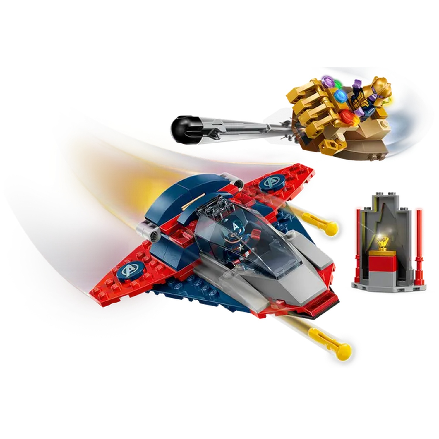 Lego-set: Een blauw-rode jet, een gouden handschoen met edelstenen en een trofeeënvitrine. De jet is in beweging.