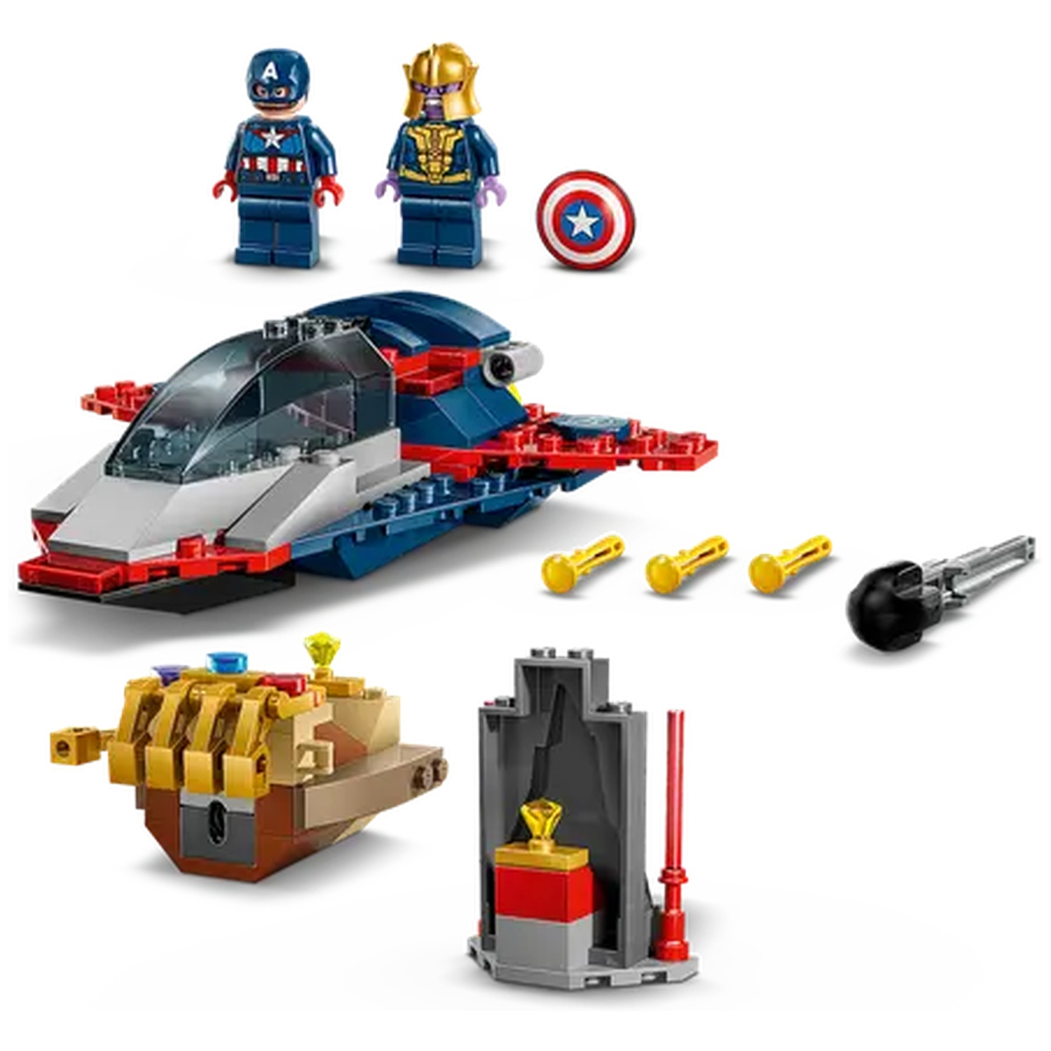Lego set: Captain America en Thanos minifiguren, schild, ruimteschip, handschoen, wapens en een stenen display.