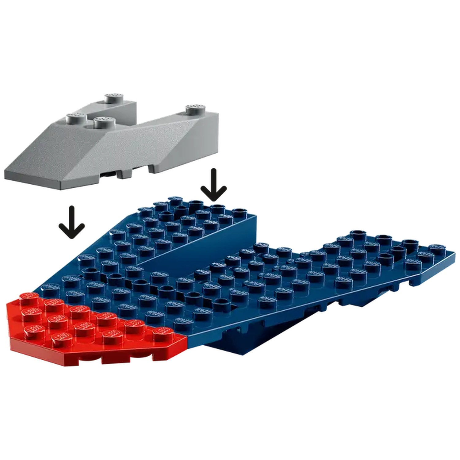 Een grijs Lego-stuk bovenop een blauwe en rode Lego-basis. Pijlen geven aan hoe de stukken passen. De basis heeft een hoekige vorm.