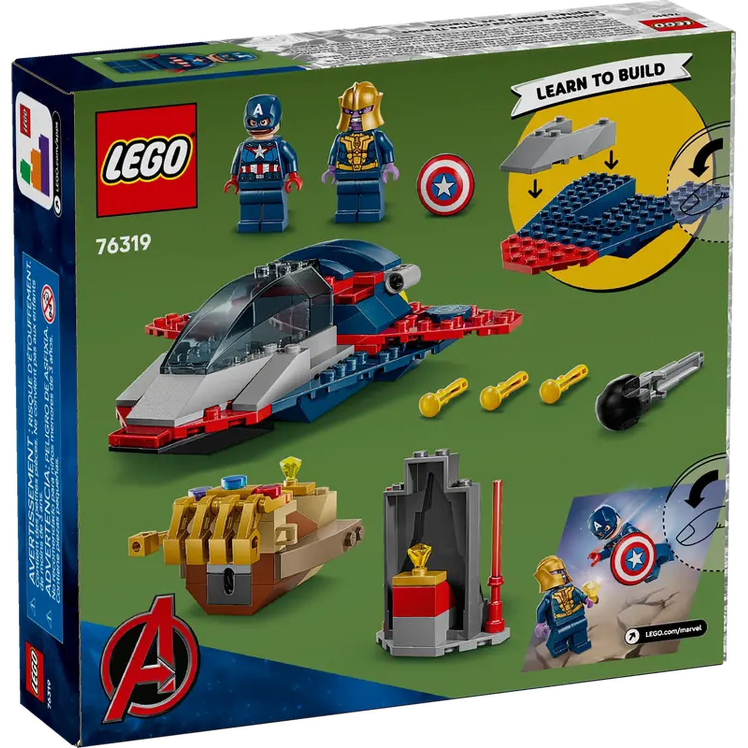 Lego doos met Captain America, een jet en Thanos. Inclusief instructies en het Avengers logo. Groene achtergrond.