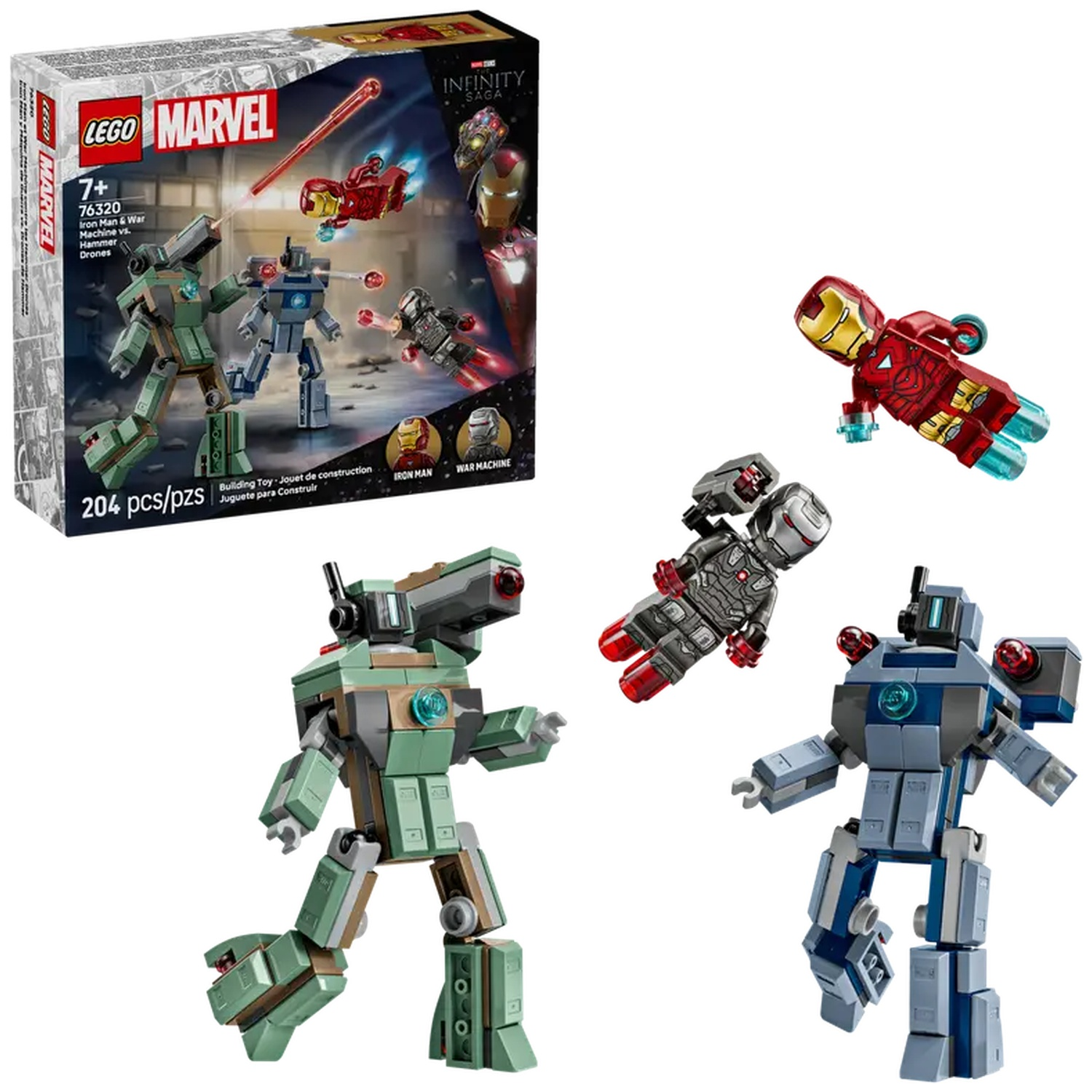 Lego set: Iron Man and War Machine vs. Hammer Drones. Includes Lego figures of Iron Man, War Machine, and two drone mechs.