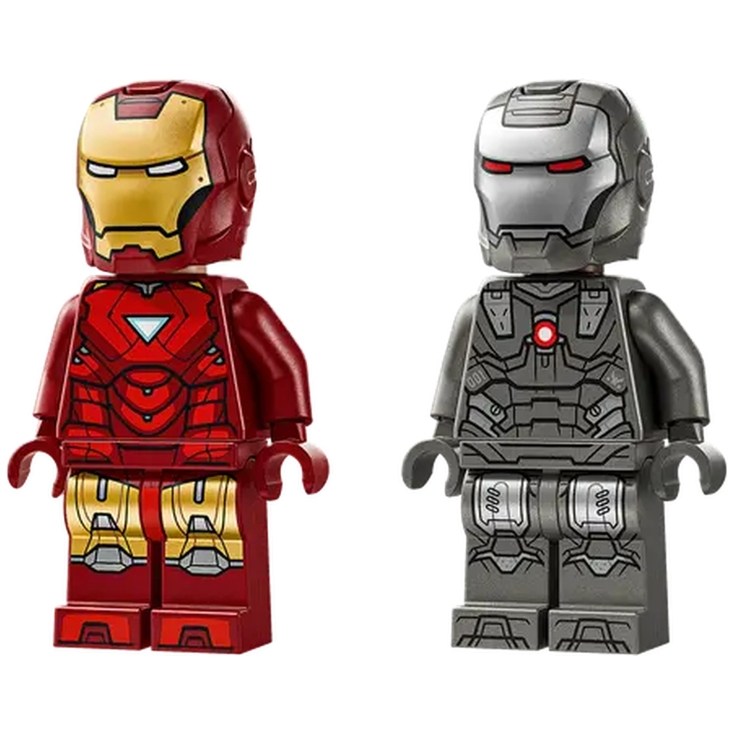 Two Lego figures: Iron Man in red and gold, War Machine in grey. Both have detailed armor designs and helmets. White background.